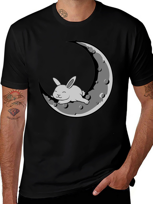 Rabbit on Moon Graphic T-Shirt - Black Cotton Blend