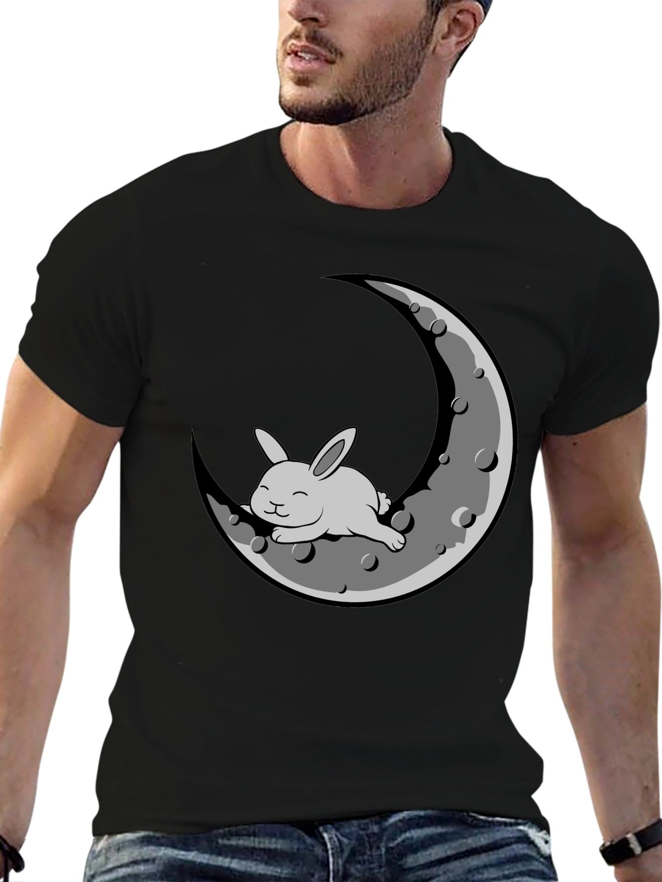 Rabbit on Moon Graphic T-Shirt - Black Cotton Blend