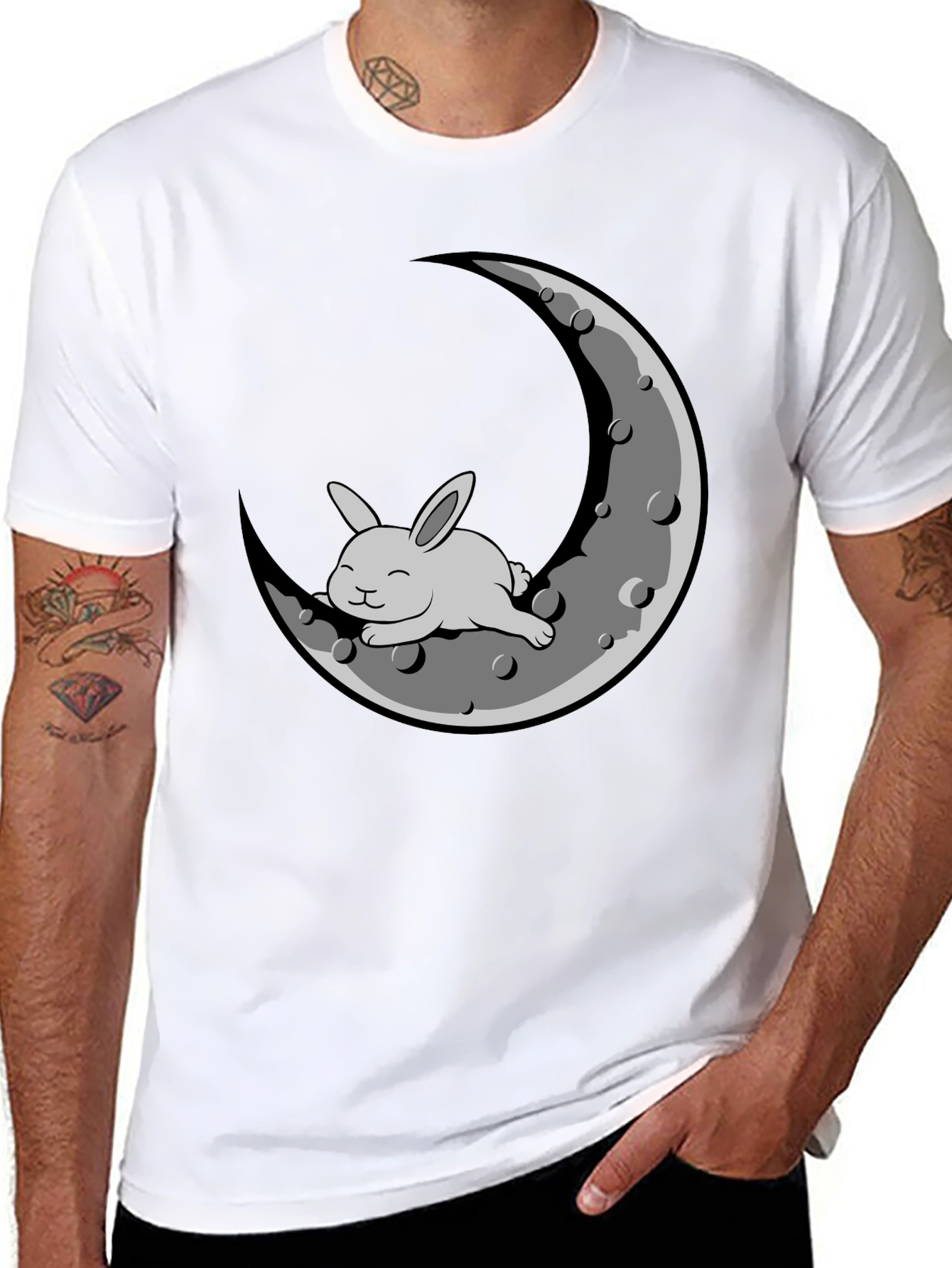 Rabbit on Moon Graphic T-Shirt - Black Cotton Blend
