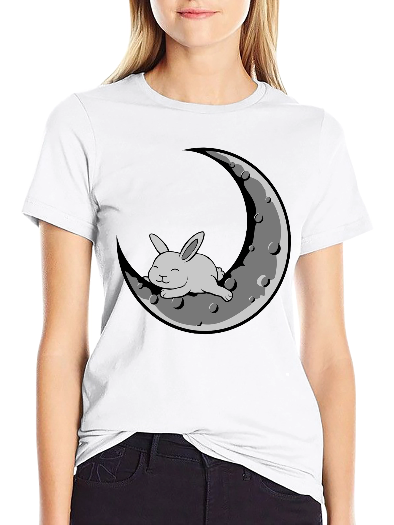 Rabbit on Moon Graphic T-Shirt - Black Cotton Blend