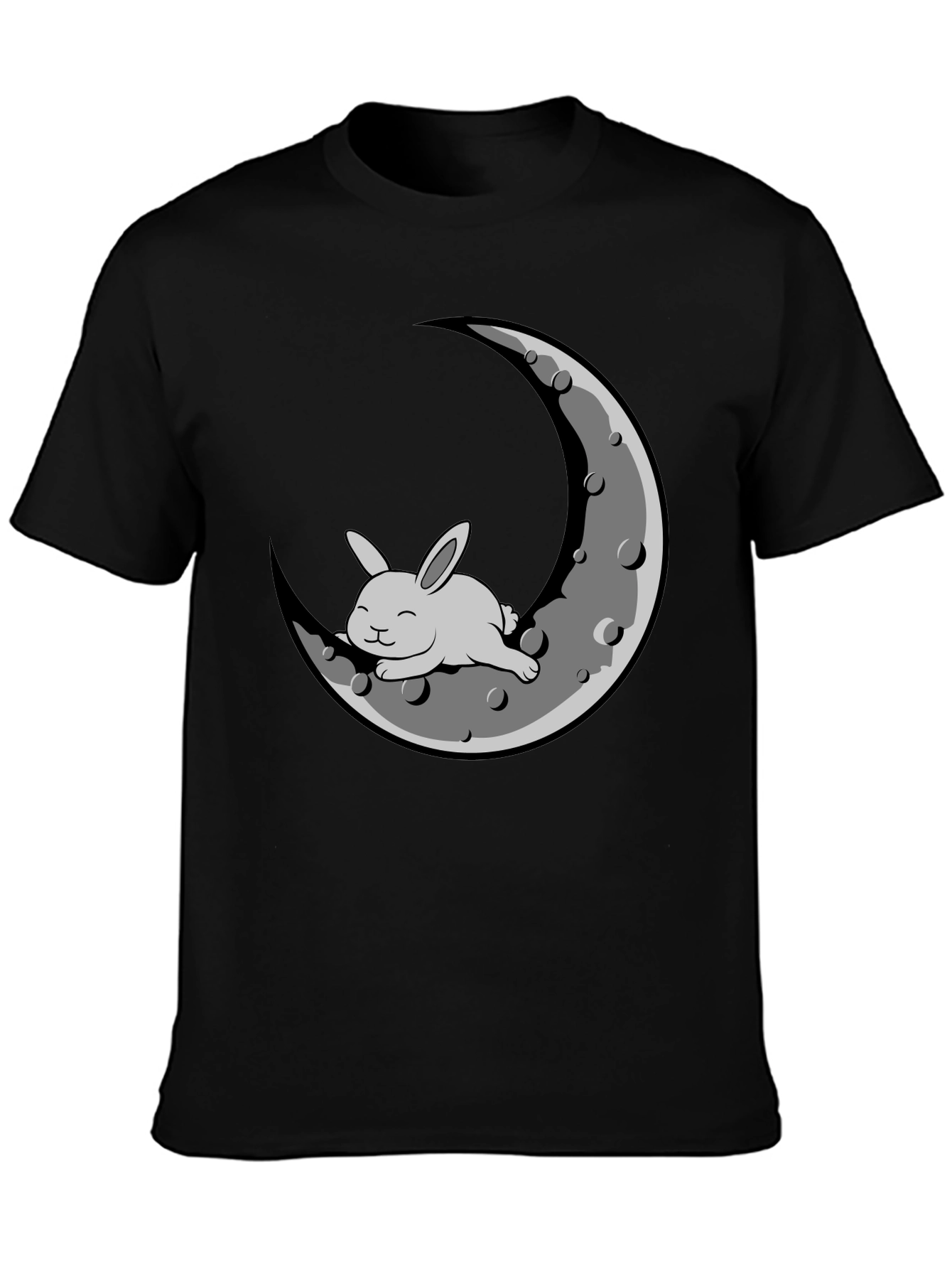 Rabbit on Moon Graphic T-Shirt - Black Cotton Blend