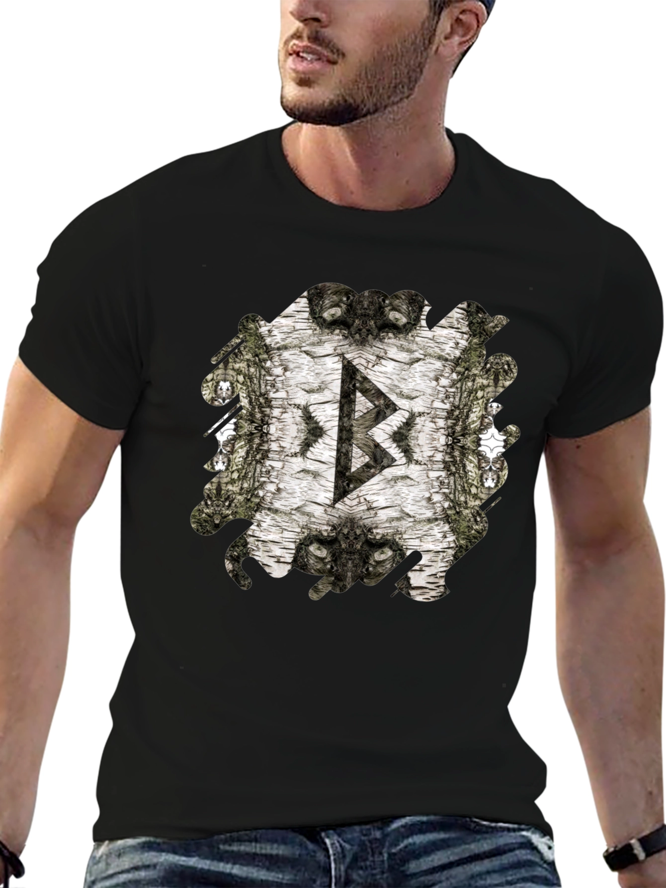 Viking Rune Birch Bark Mens Black T-Shirt