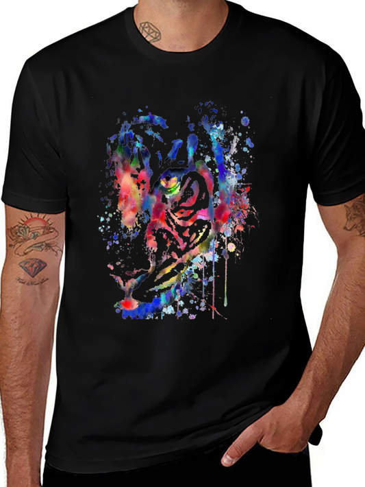 Colorful Tiger Splash Graphic Black T-Shirt