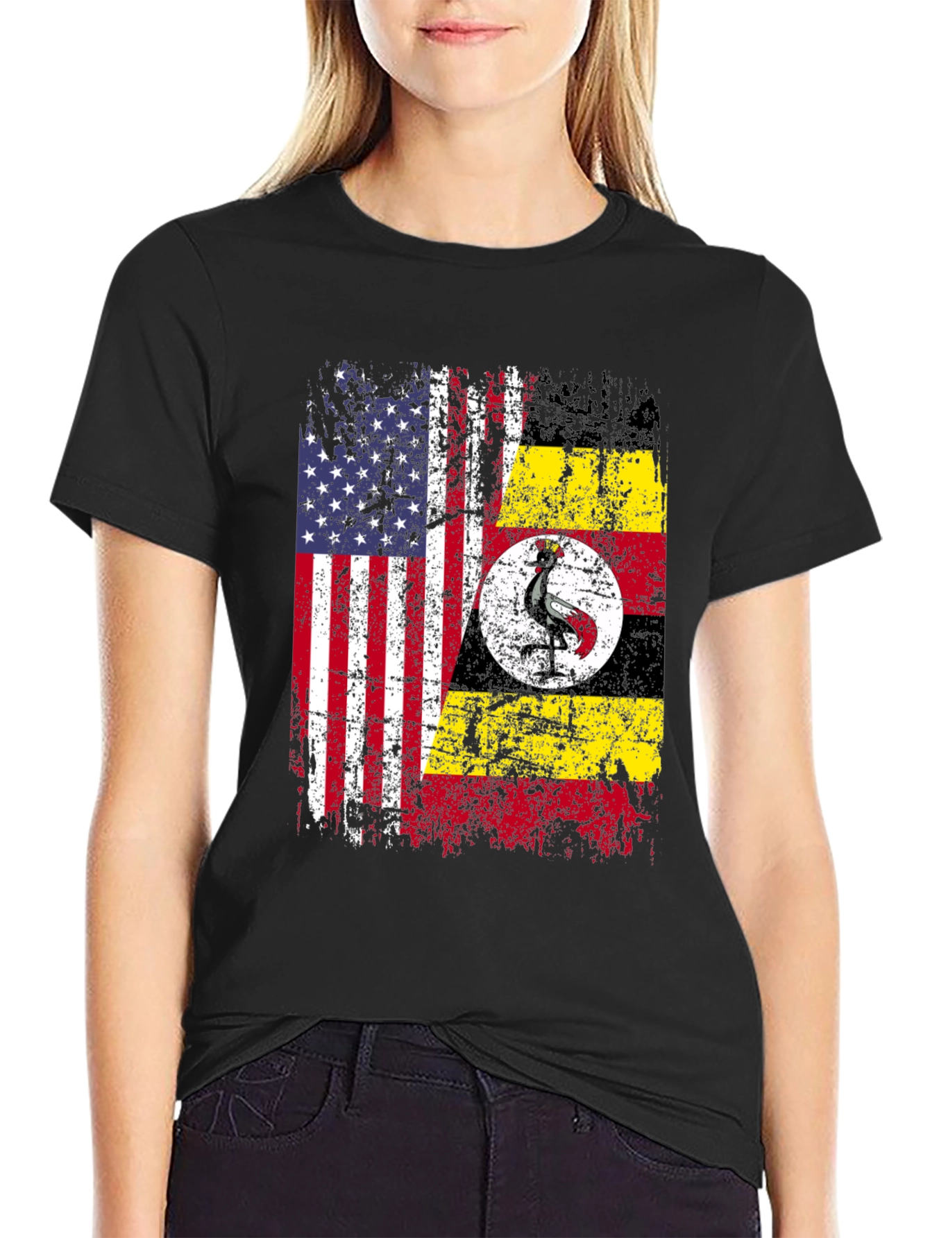 USA Uganda Flags Distressed T-Shirt