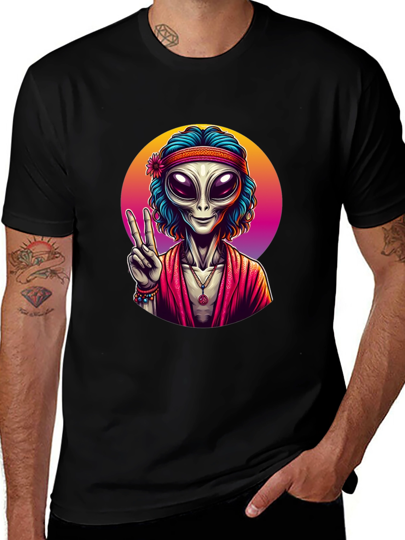 Hippie Alien Peace Sign Black T-Shirt