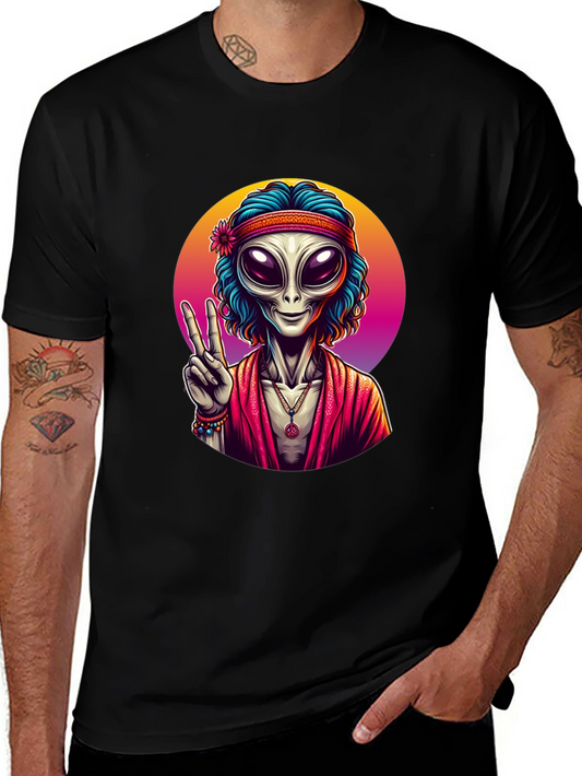 Hippie Alien Peace Sign Black T-Shirt