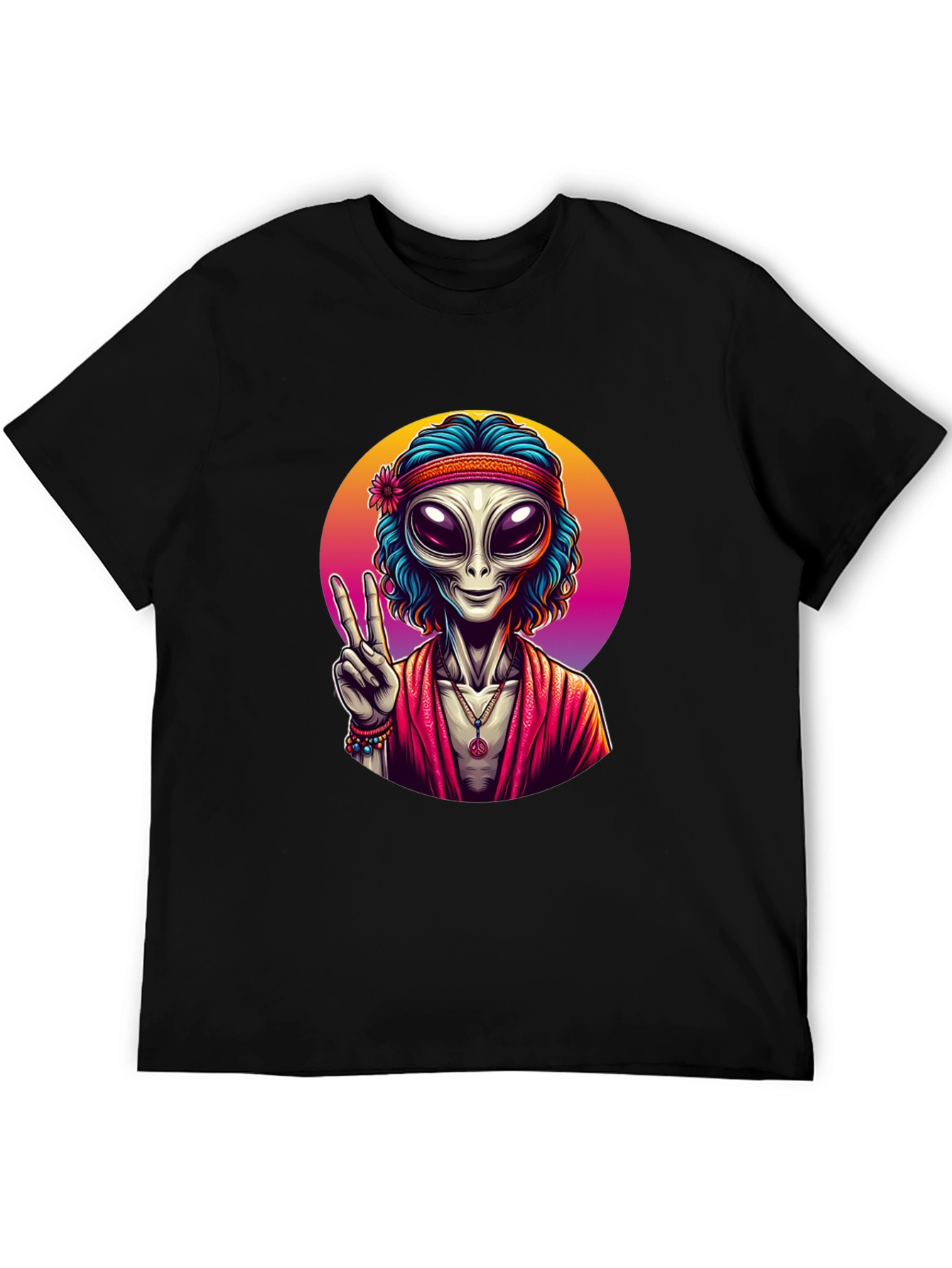 Hippie Alien Peace Sign Black T-Shirt