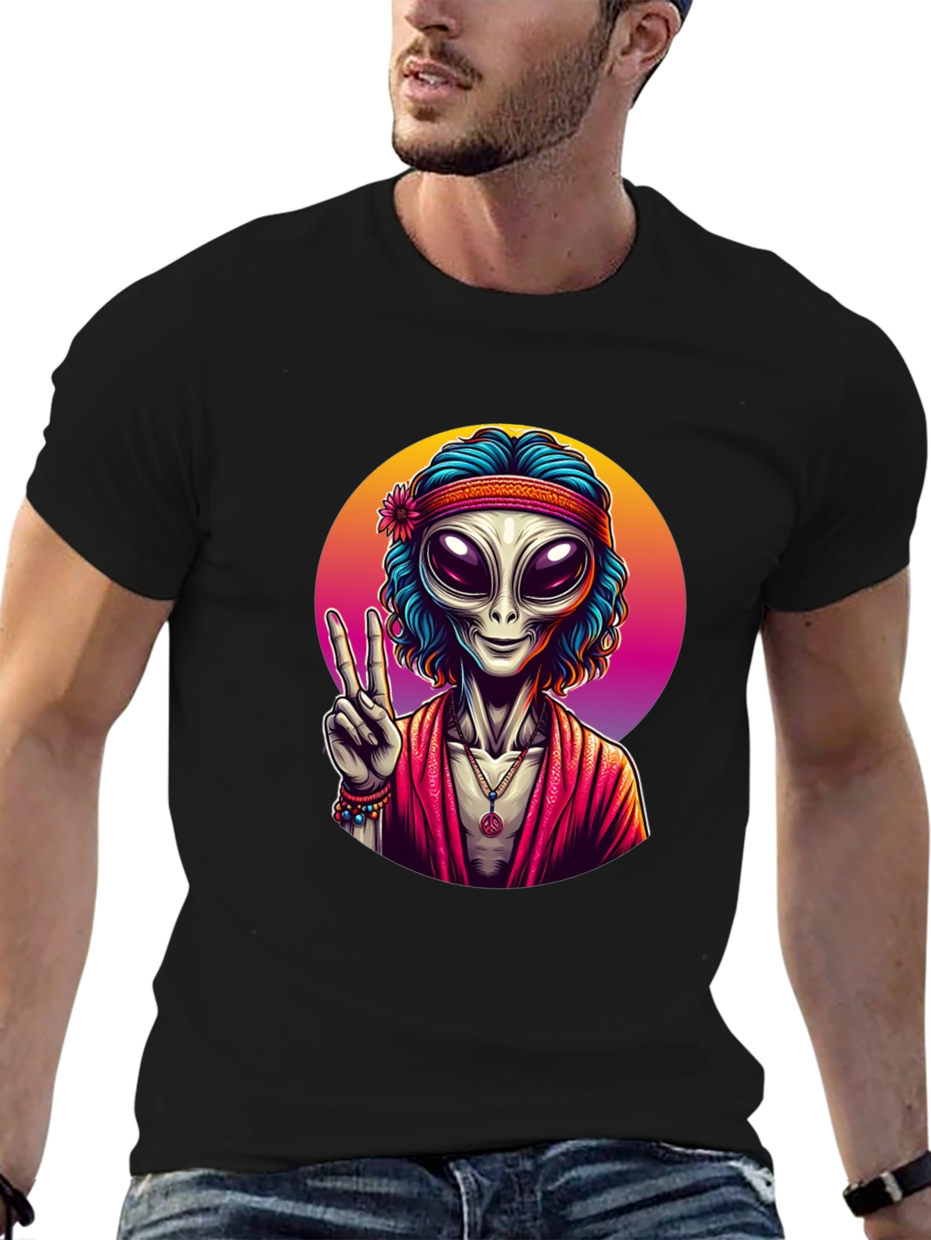 Hippie Alien Peace Sign Black T-Shirt