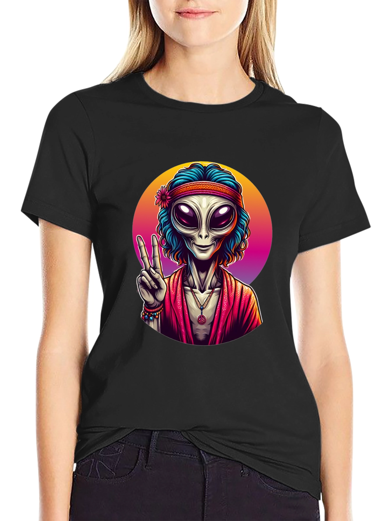 Hippie Alien Peace Sign Black T-Shirt