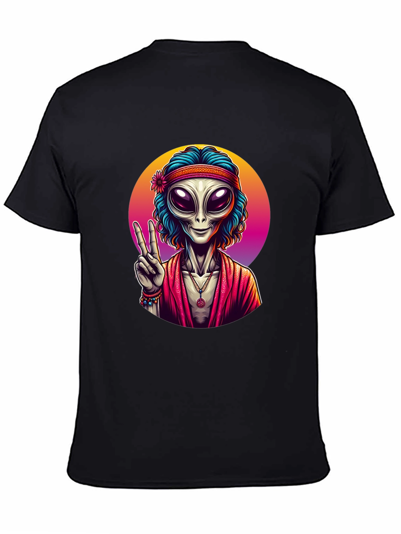Hippie Alien Peace Sign Black T-Shirt