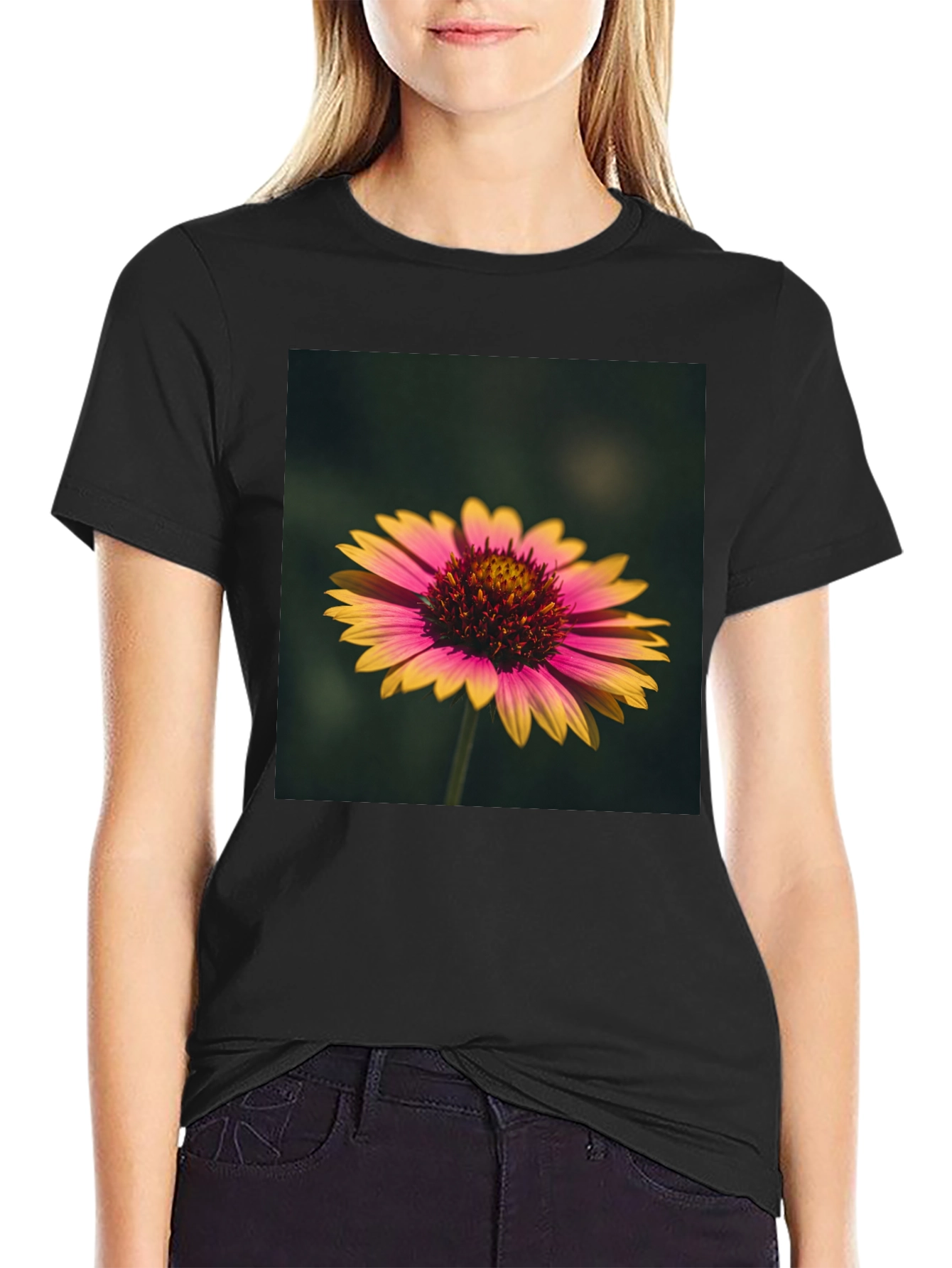 Floral Print Black T-Shirt - Casual Wear