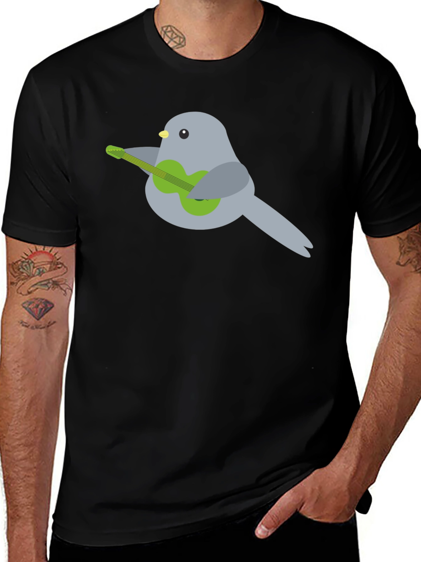Bird Playing Guitar Graphic Tee - Black Cotton T-Shirt