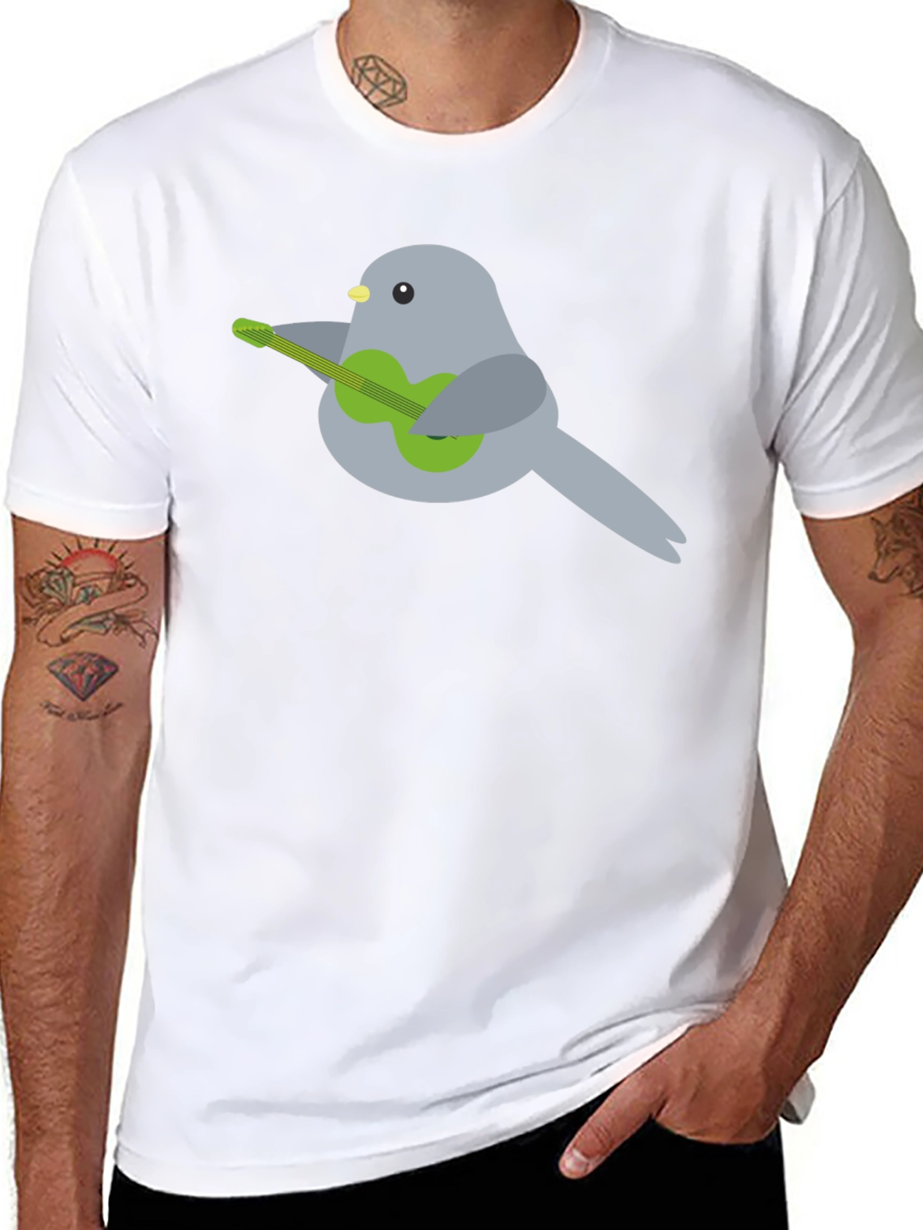 Bird Playing Guitar Graphic Tee - Black Cotton T-Shirt