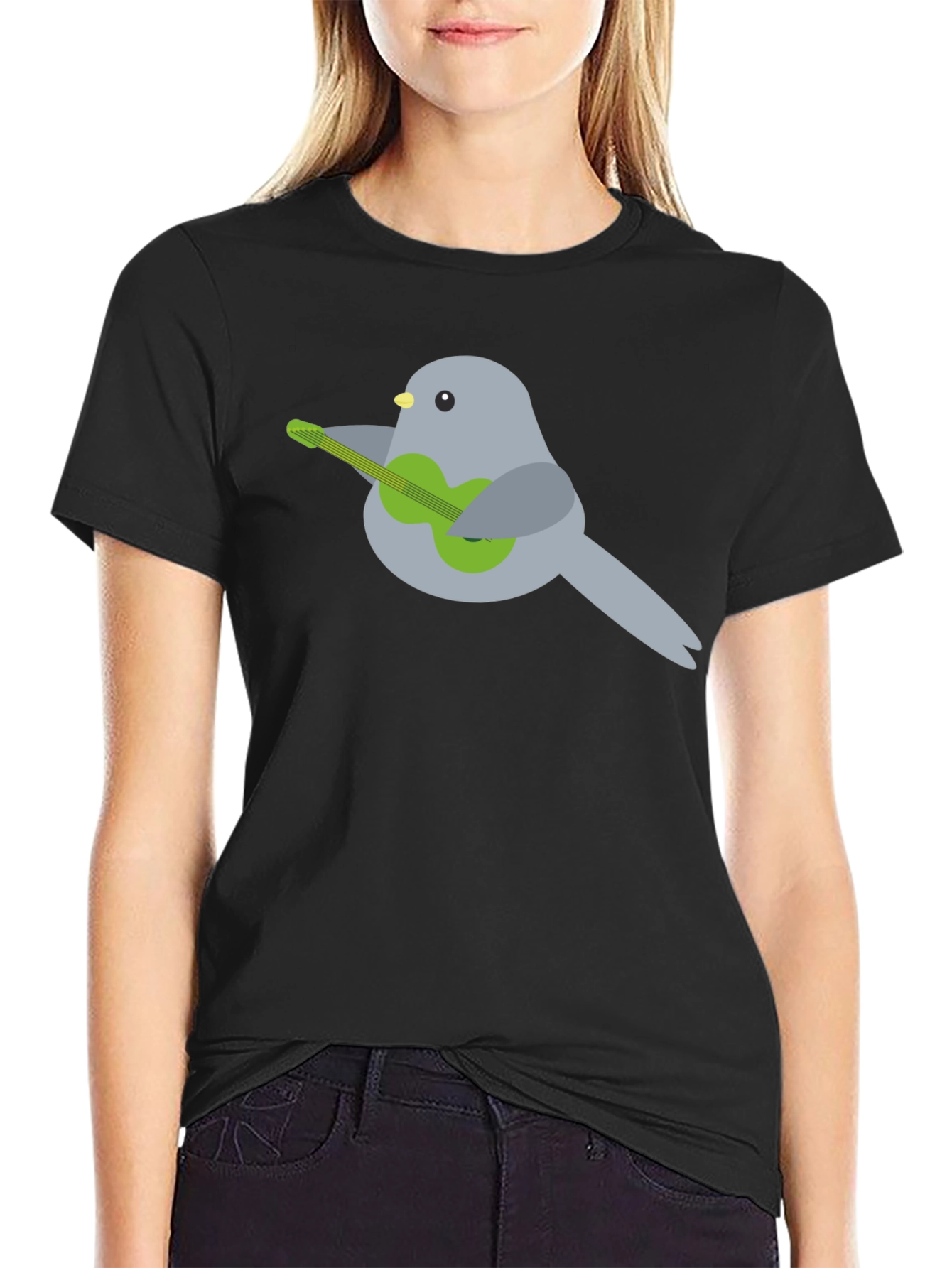 Bird Playing Guitar Graphic Tee - Black Cotton T-Shirt