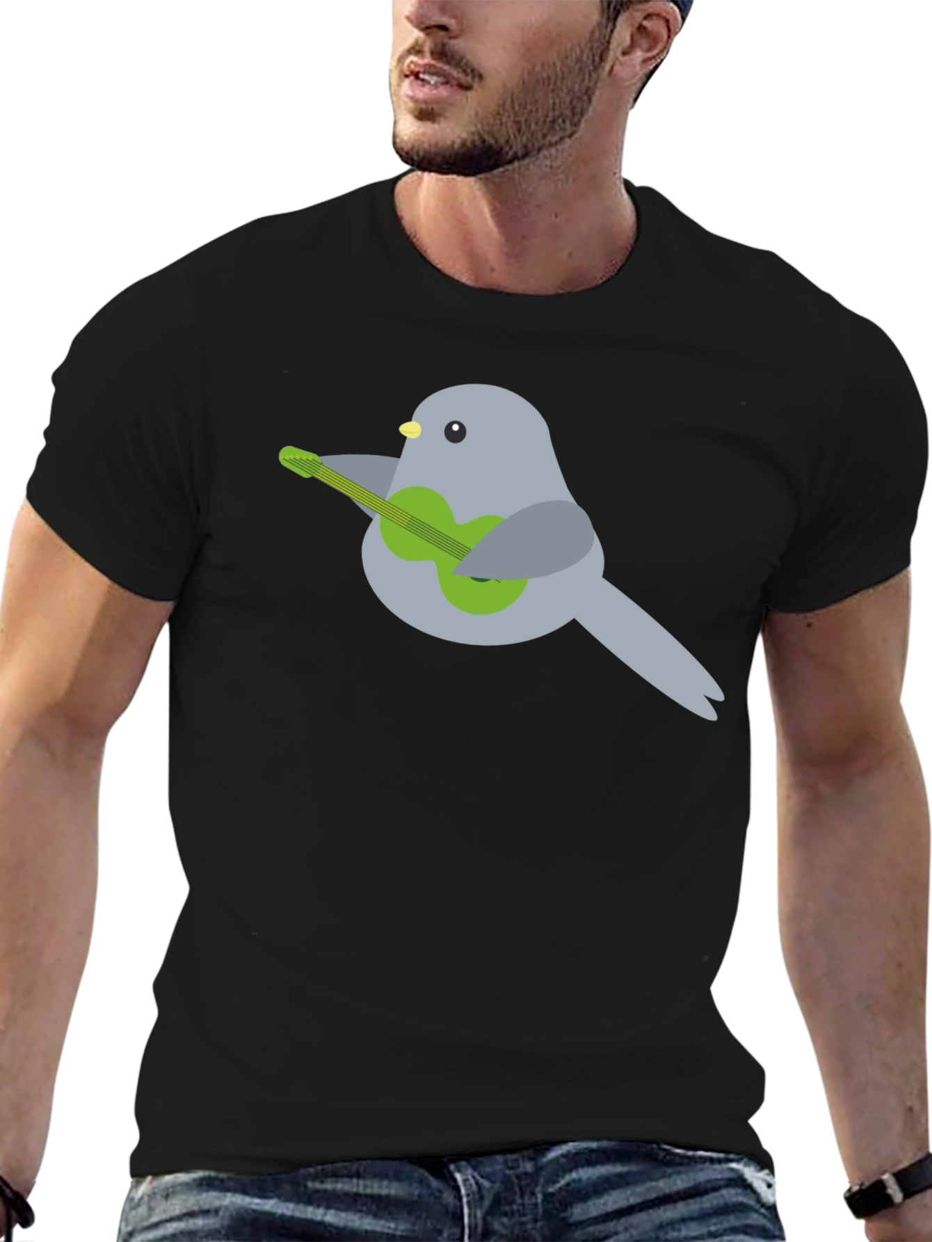 Bird Playing Guitar Graphic Tee - Black Cotton T-Shirt