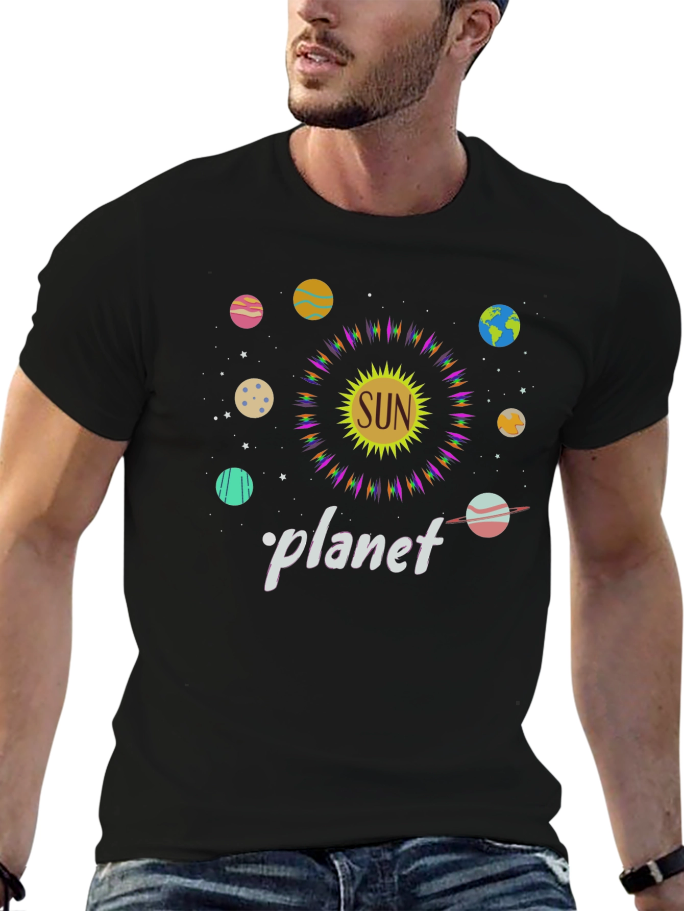 Sun Planet Graphic Tee - Black Cotton T-Shirt