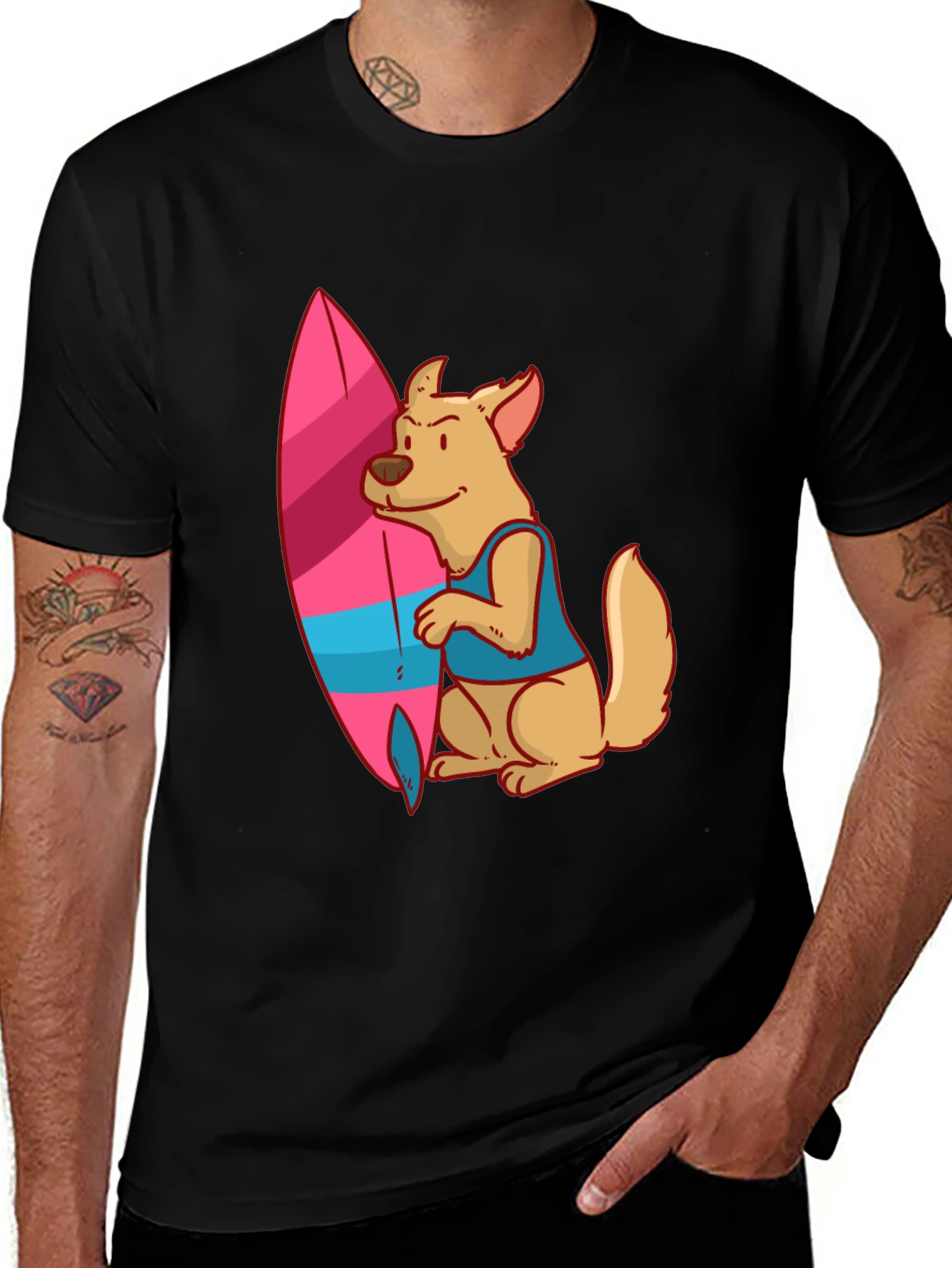 Dog Surfer Graphic Tee - Casual Black T-Shirt