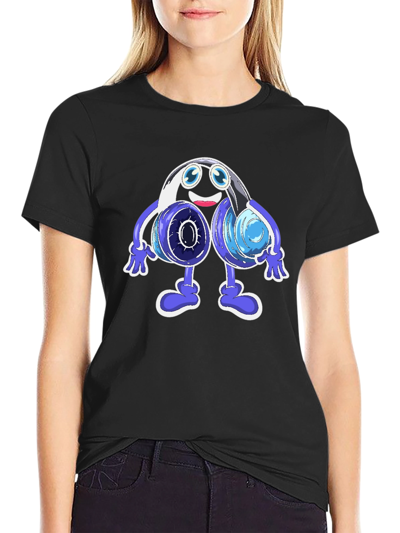 Cartoon Headphone Graphic Black T-Shirt