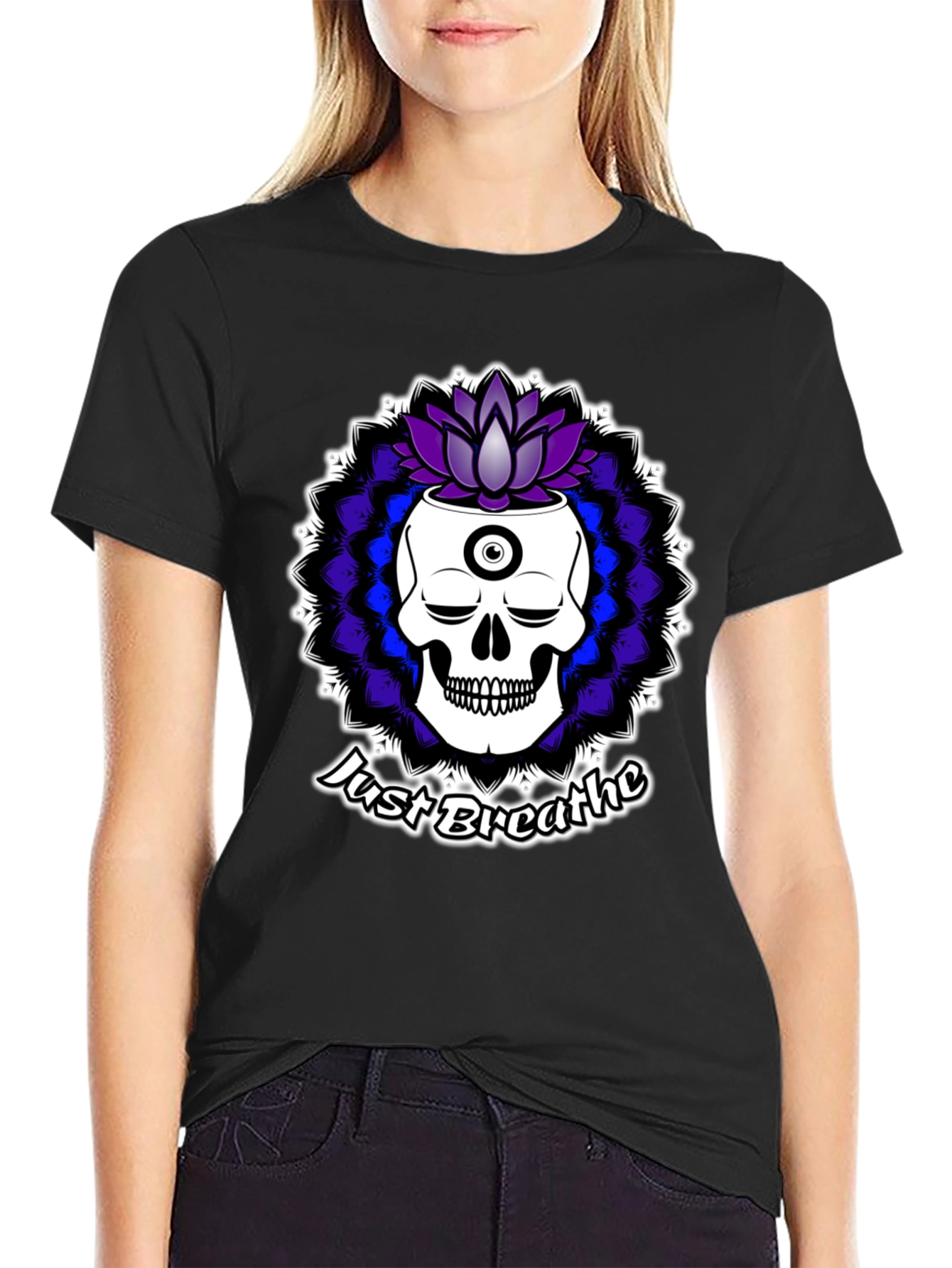 Just Breathe Skull Lotus Black T-Shirt