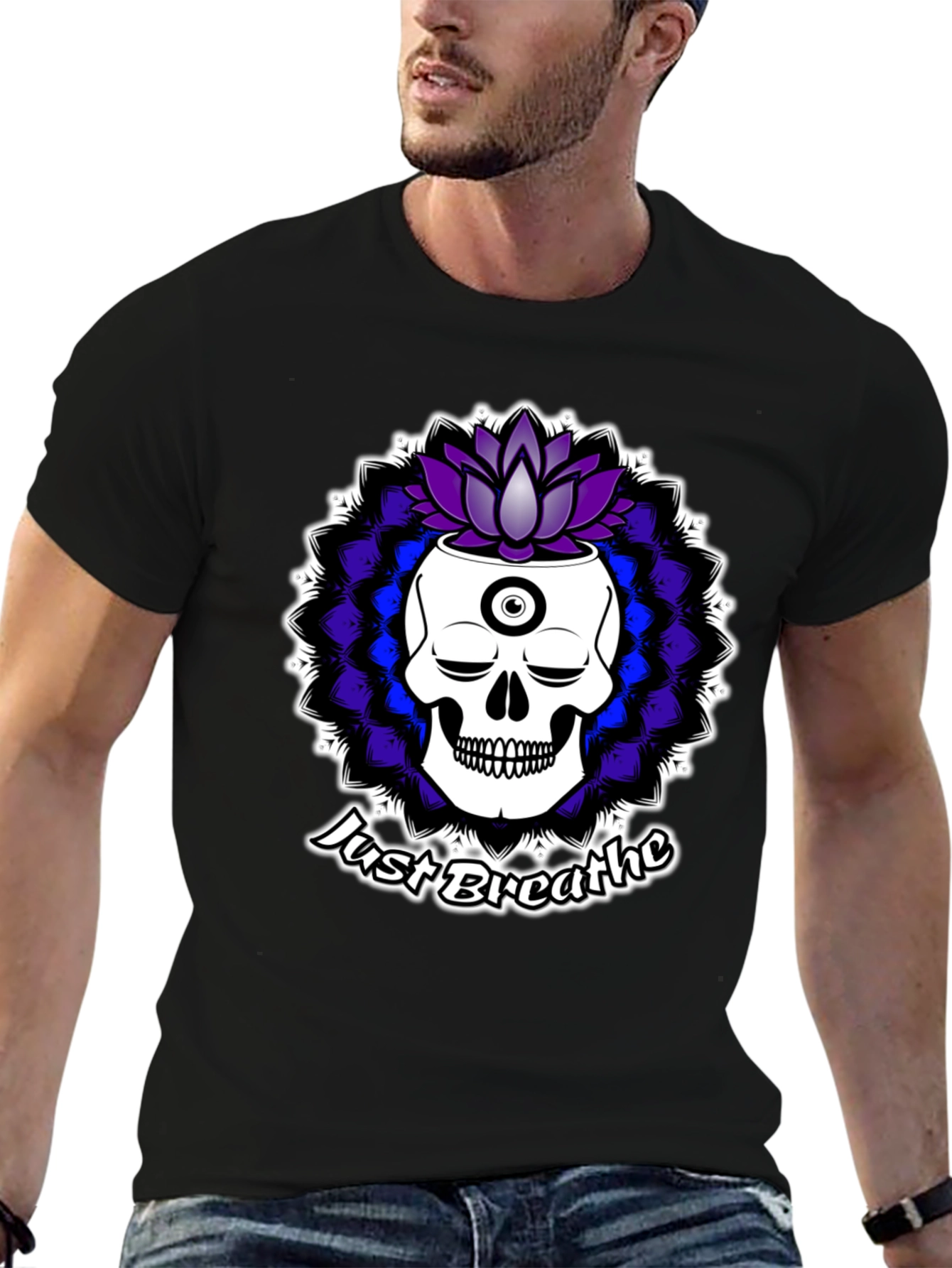Just Breathe Skull Lotus Black T-Shirt