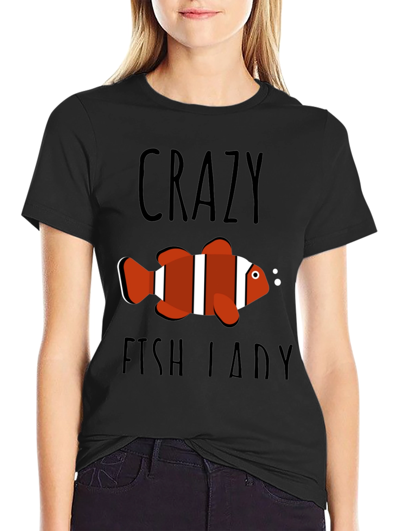 Crazy Fish Lady Graphic Tee - Black Cotton T-Shirt
