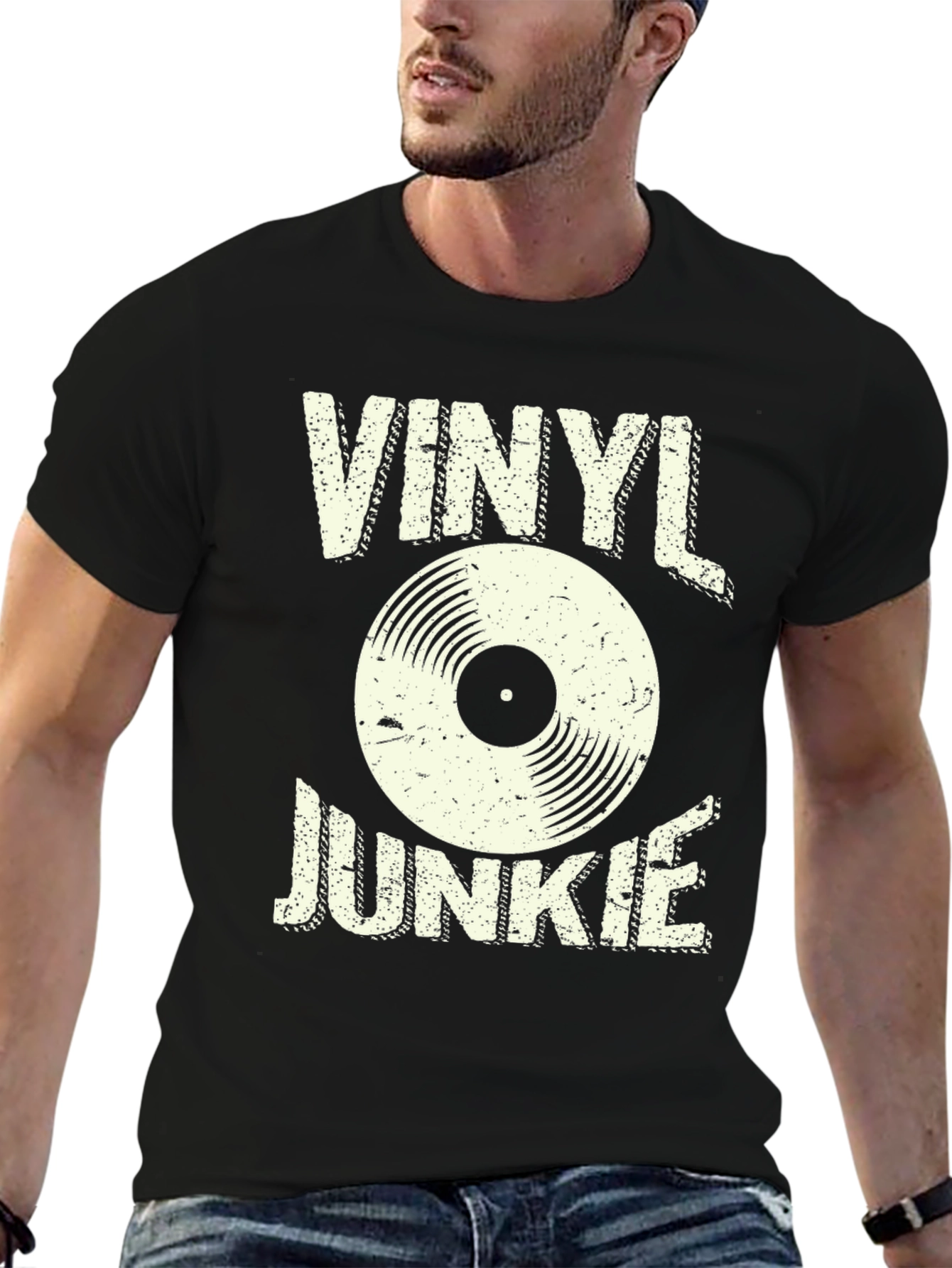 Vinyl Junkie Graphic T-Shirt - Retro Music Lover Tee
