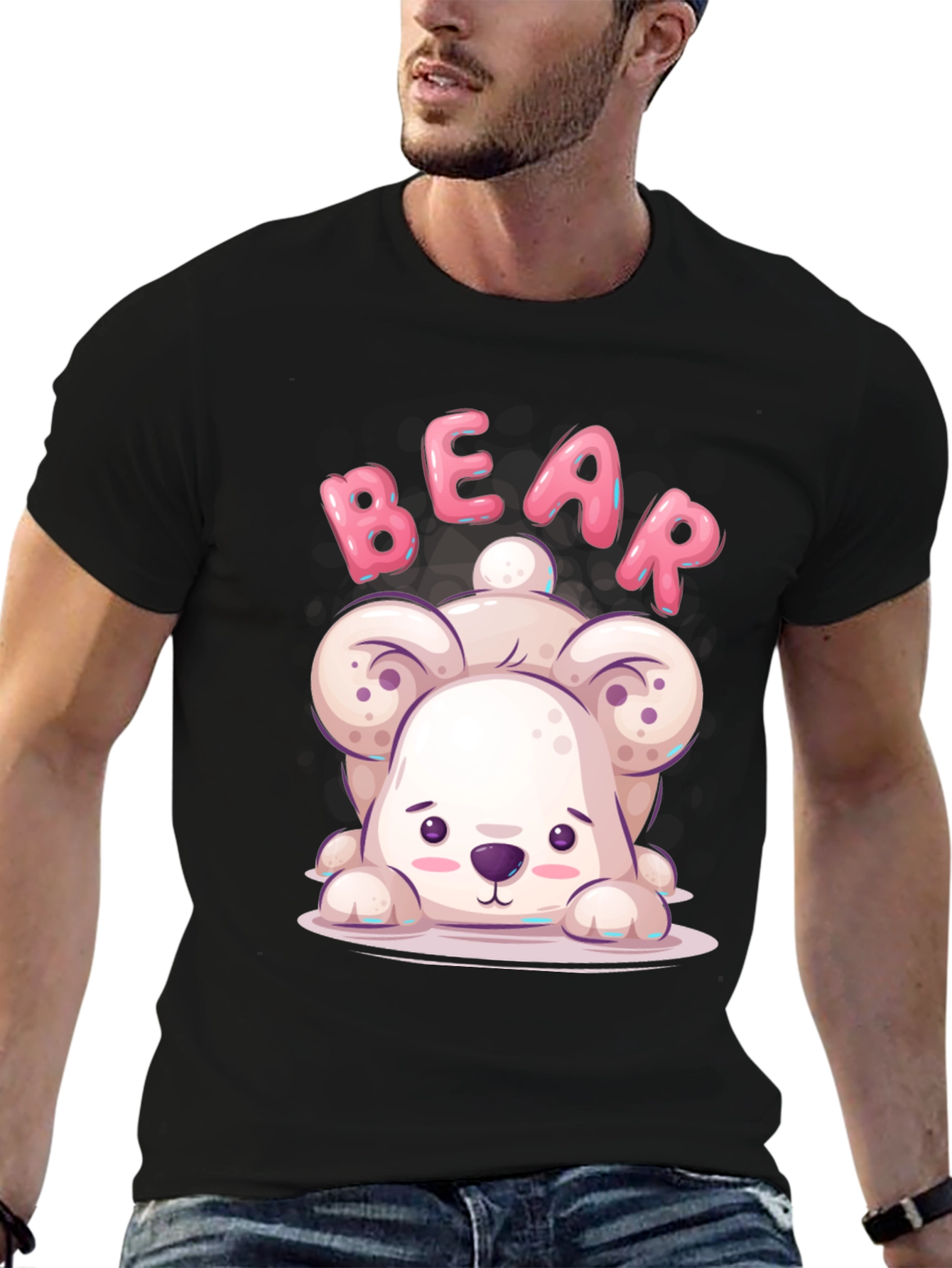 Cute Bear Cartoon Black T-Shirt