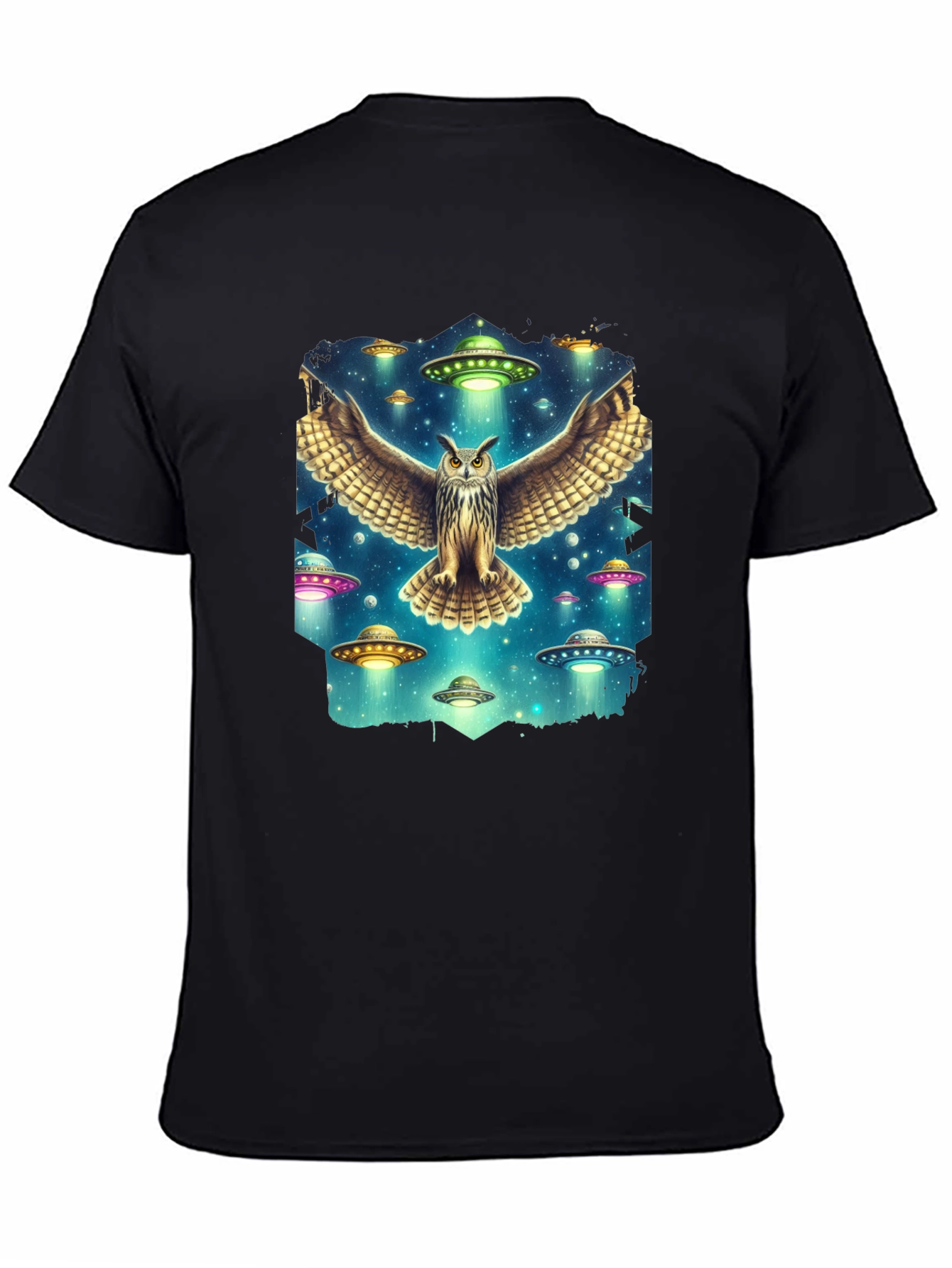 Owl and UFO Graphic Tee - Black