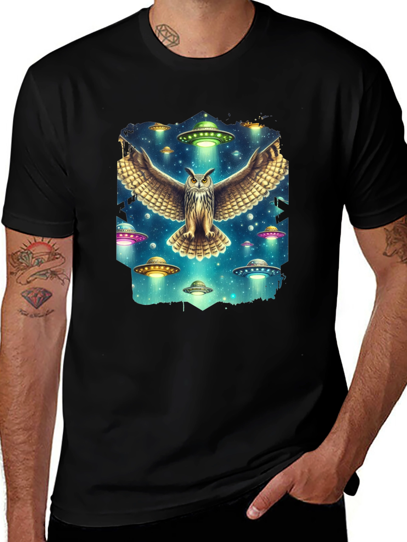 Owl and UFO Graphic Tee - Black