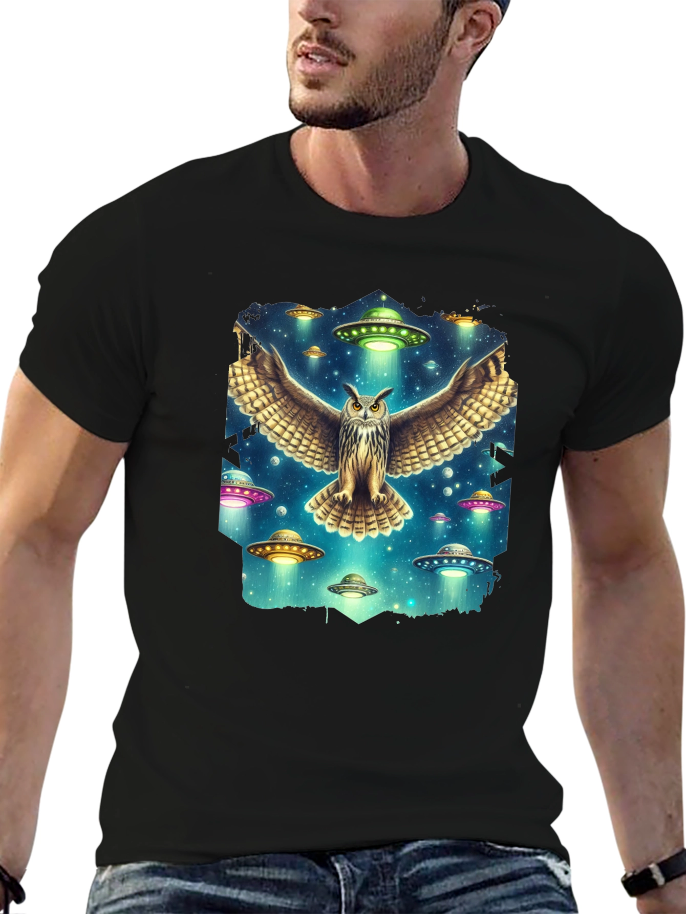 Owl and UFO Graphic Tee - Black