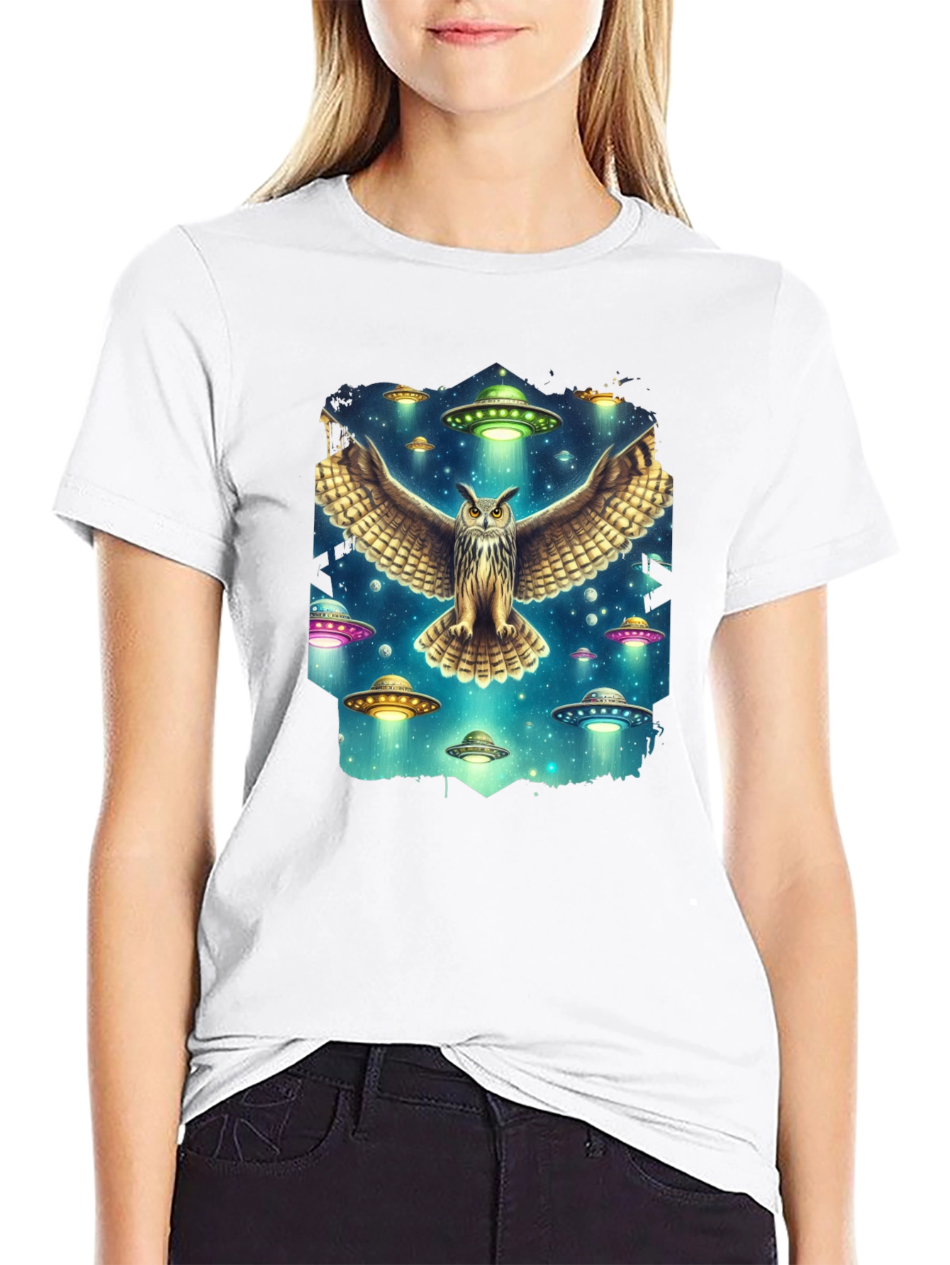 Owl and UFO Graphic Tee - Black