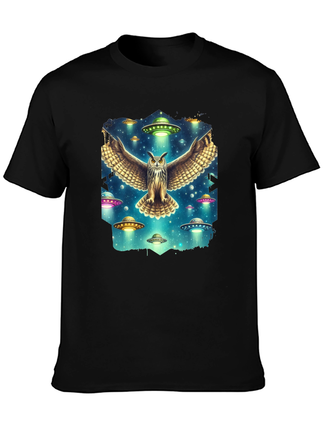 Owl and UFO Graphic Tee - Black