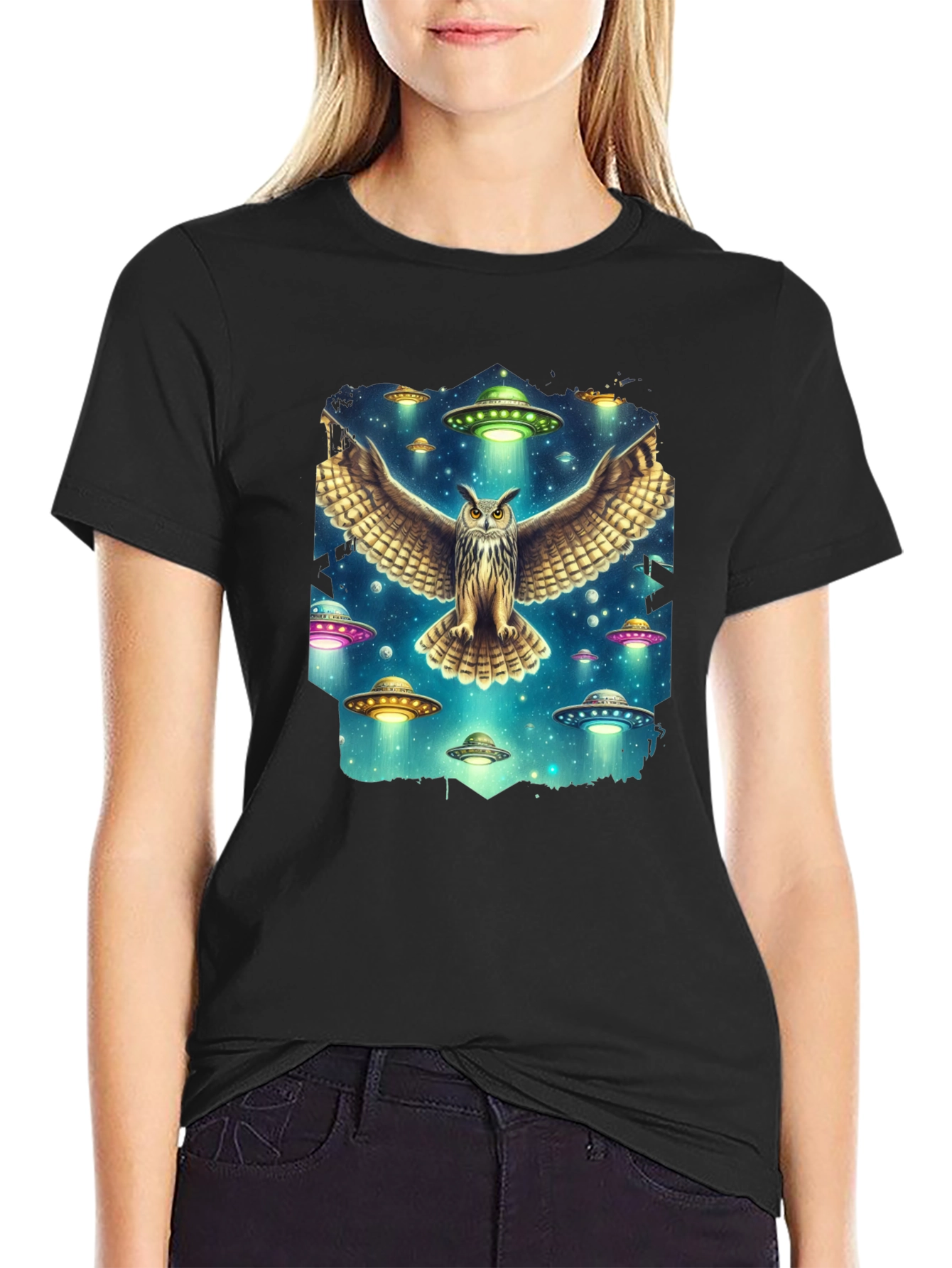 Owl and UFO Graphic Tee - Black