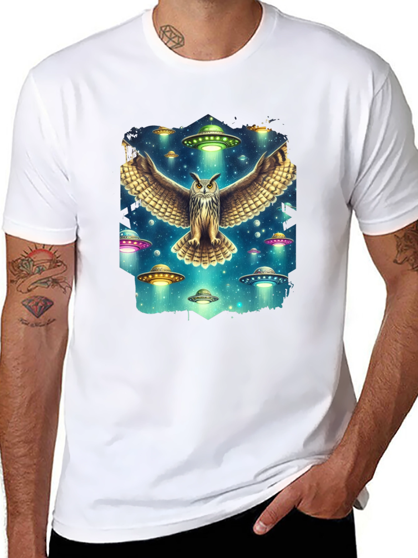 Owl and UFO Graphic Tee - Black