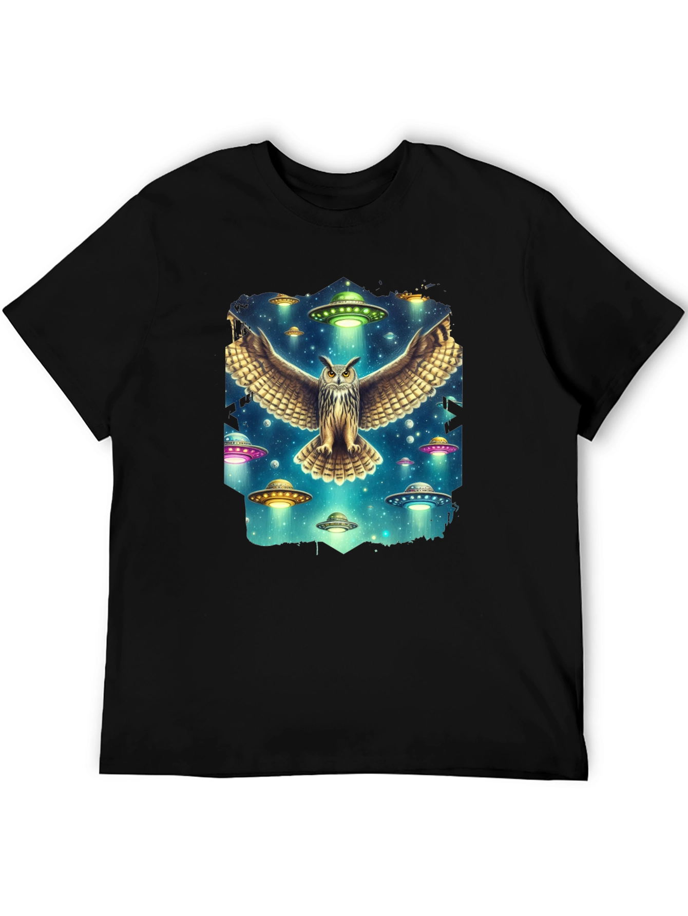 Owl and UFO Graphic Tee - Black