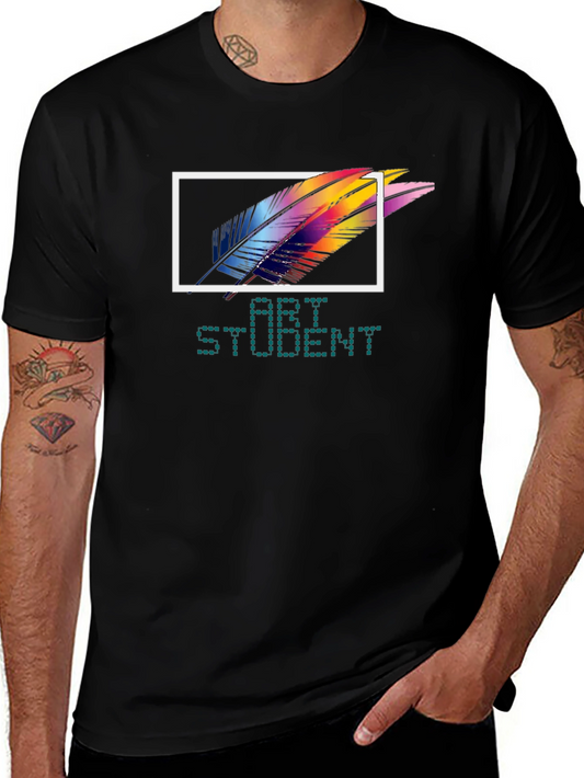 Art Student Feather Graphic T-Shirt - Black
