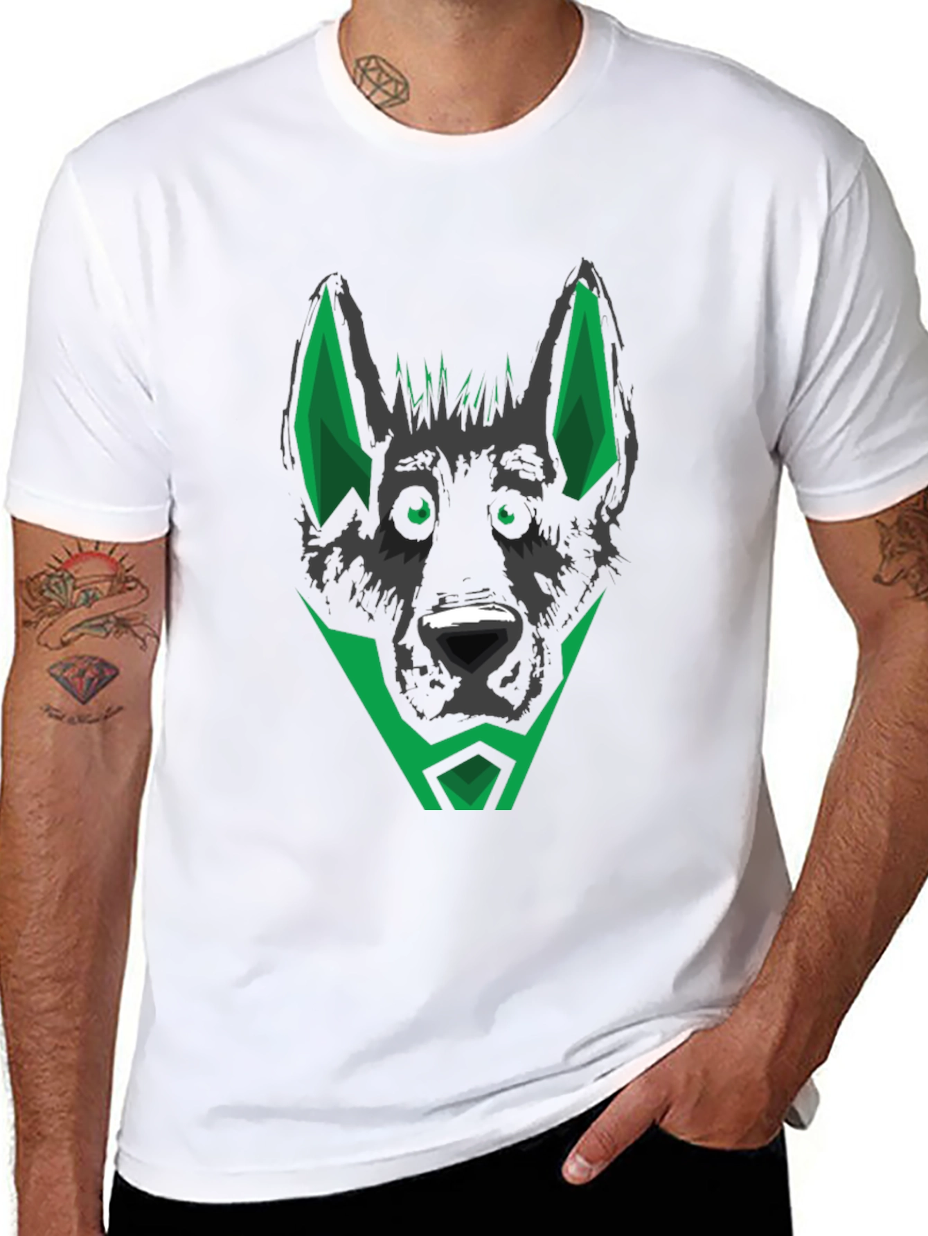 Black T-Shirt with Geometric Dog Head Design
