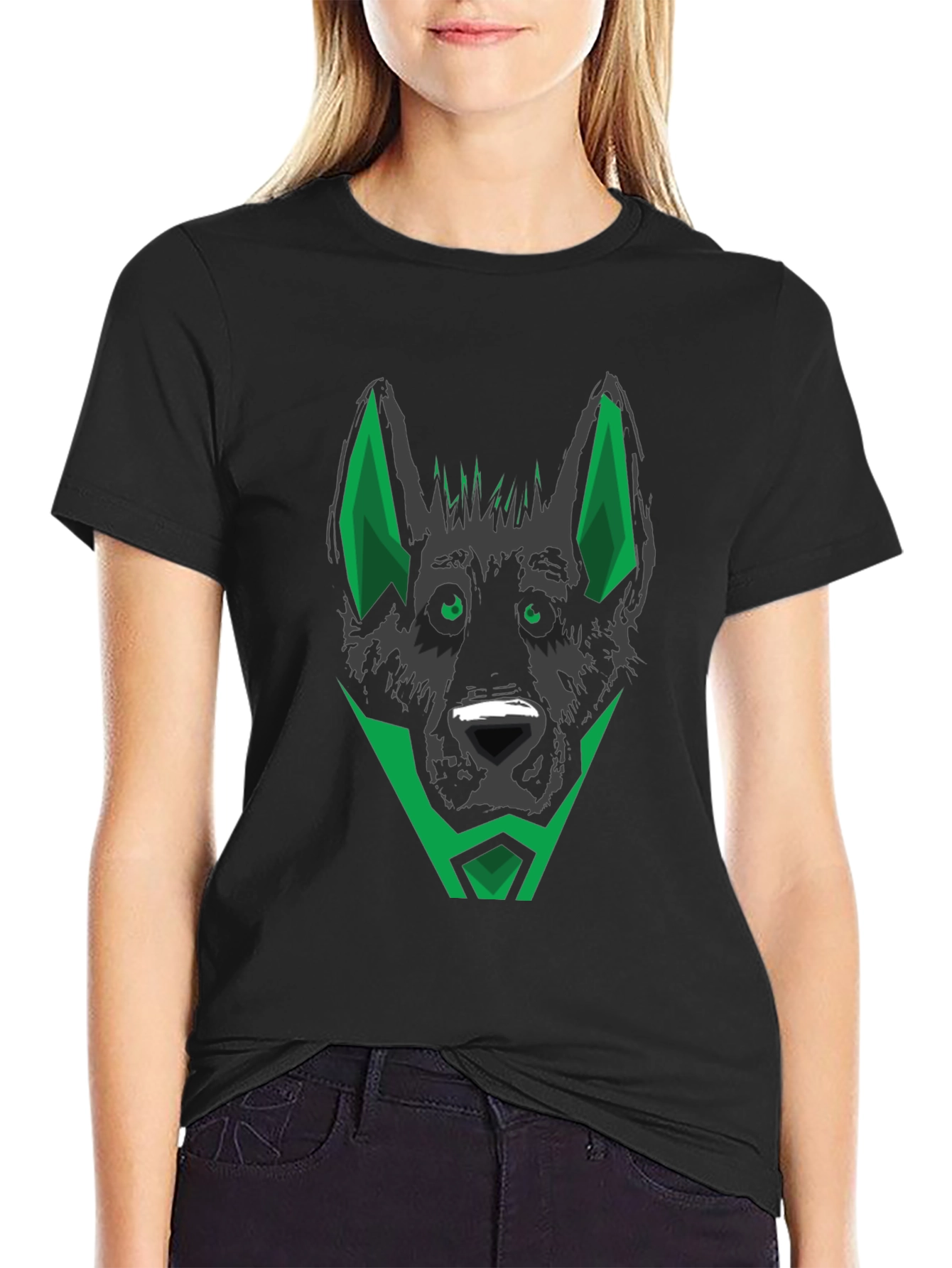 Black T-Shirt with Geometric Dog Head Design