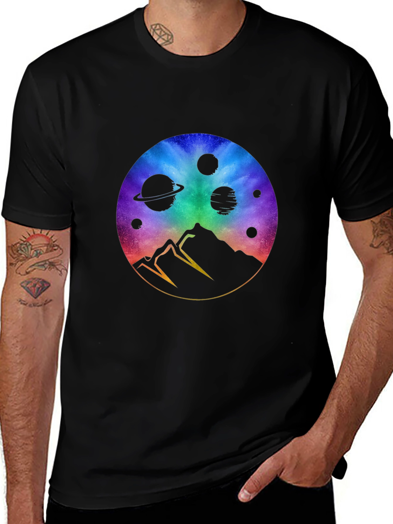 Cosmic Mountain Black T-Shirt - Galaxy Design