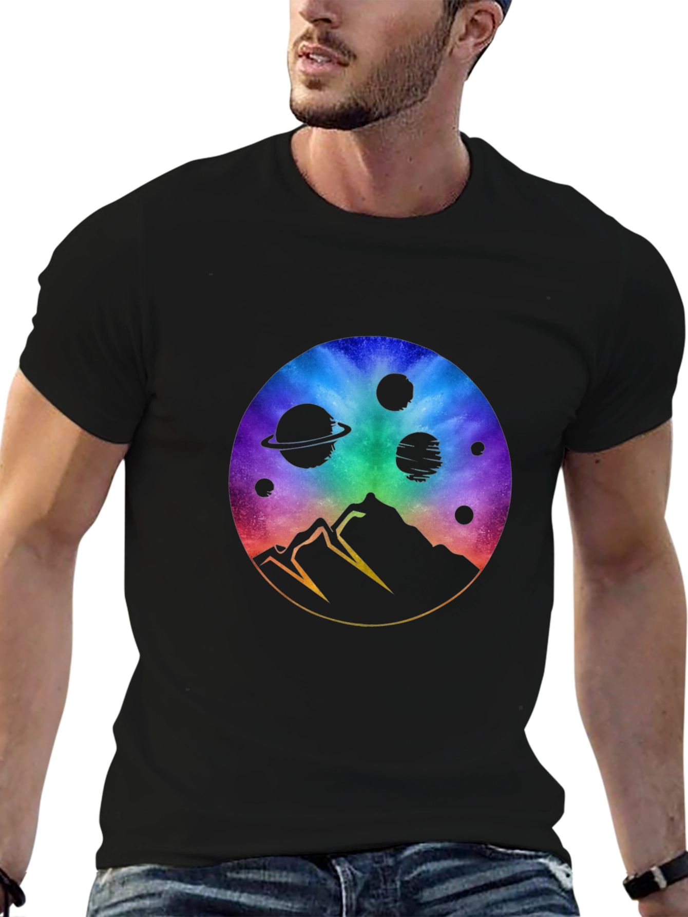 Cosmic Mountain Black T-Shirt - Galaxy Design