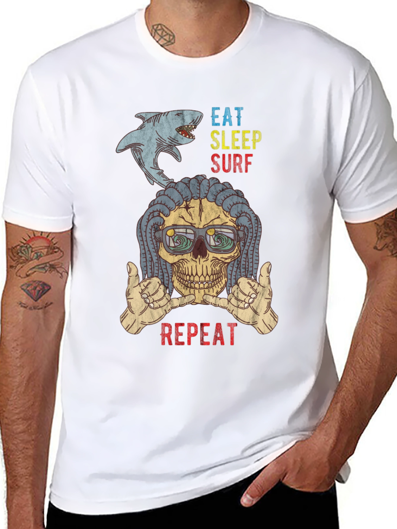 Eat Sleep Surf Repeat Skull Graphic T-Shirt