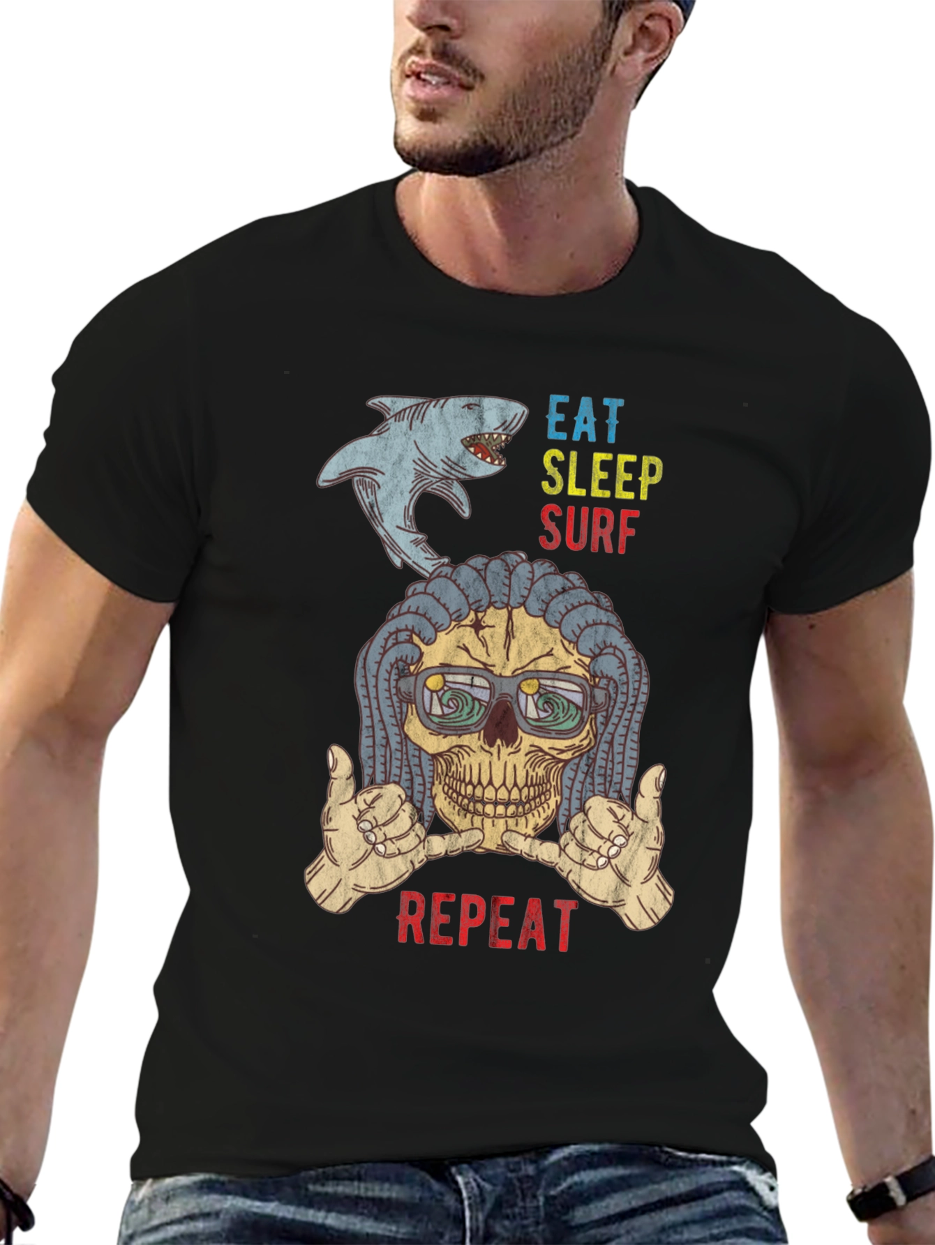 Eat Sleep Surf Repeat Skull Graphic T-Shirt