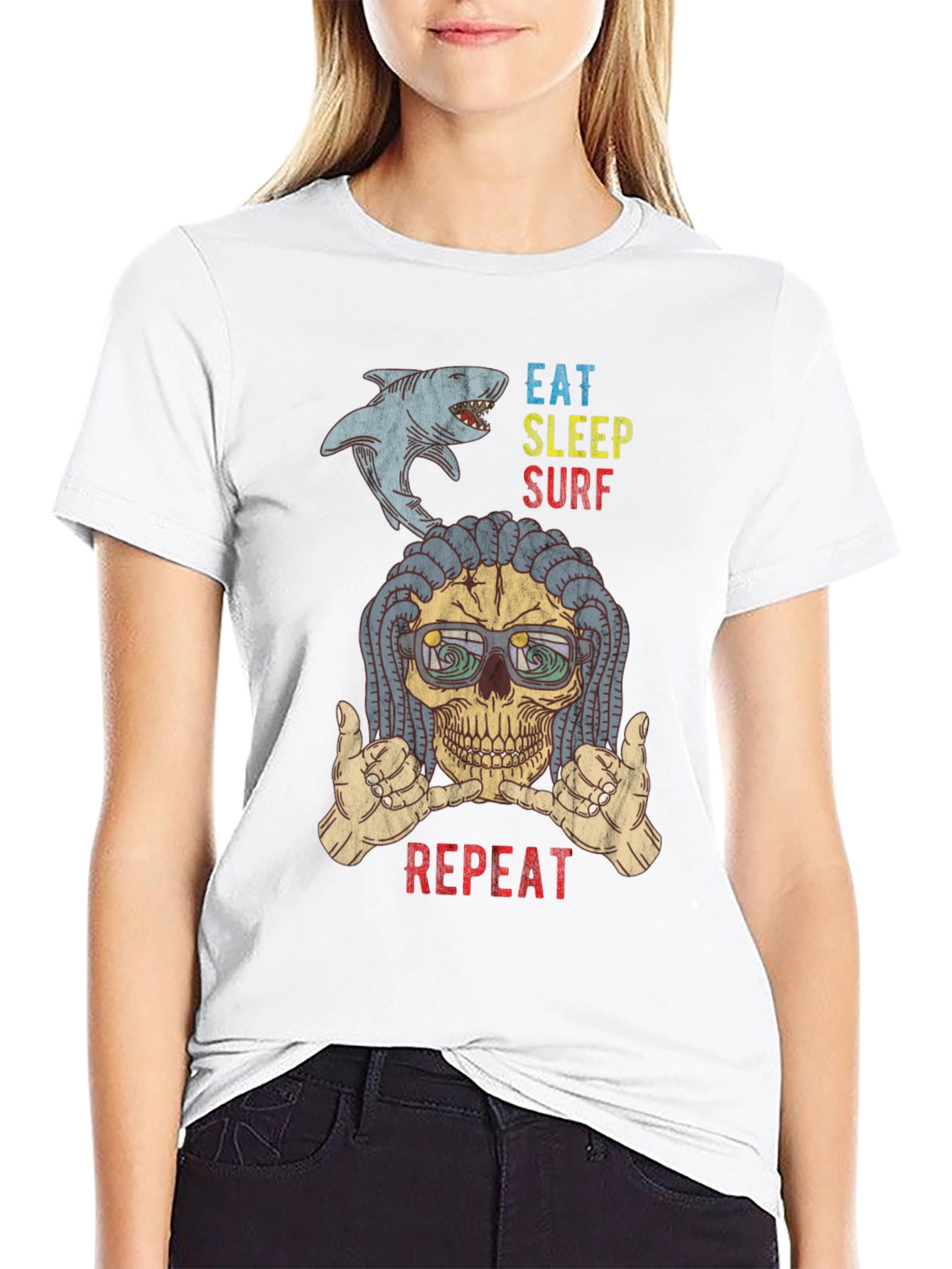 Eat Sleep Surf Repeat Skull Graphic T-Shirt