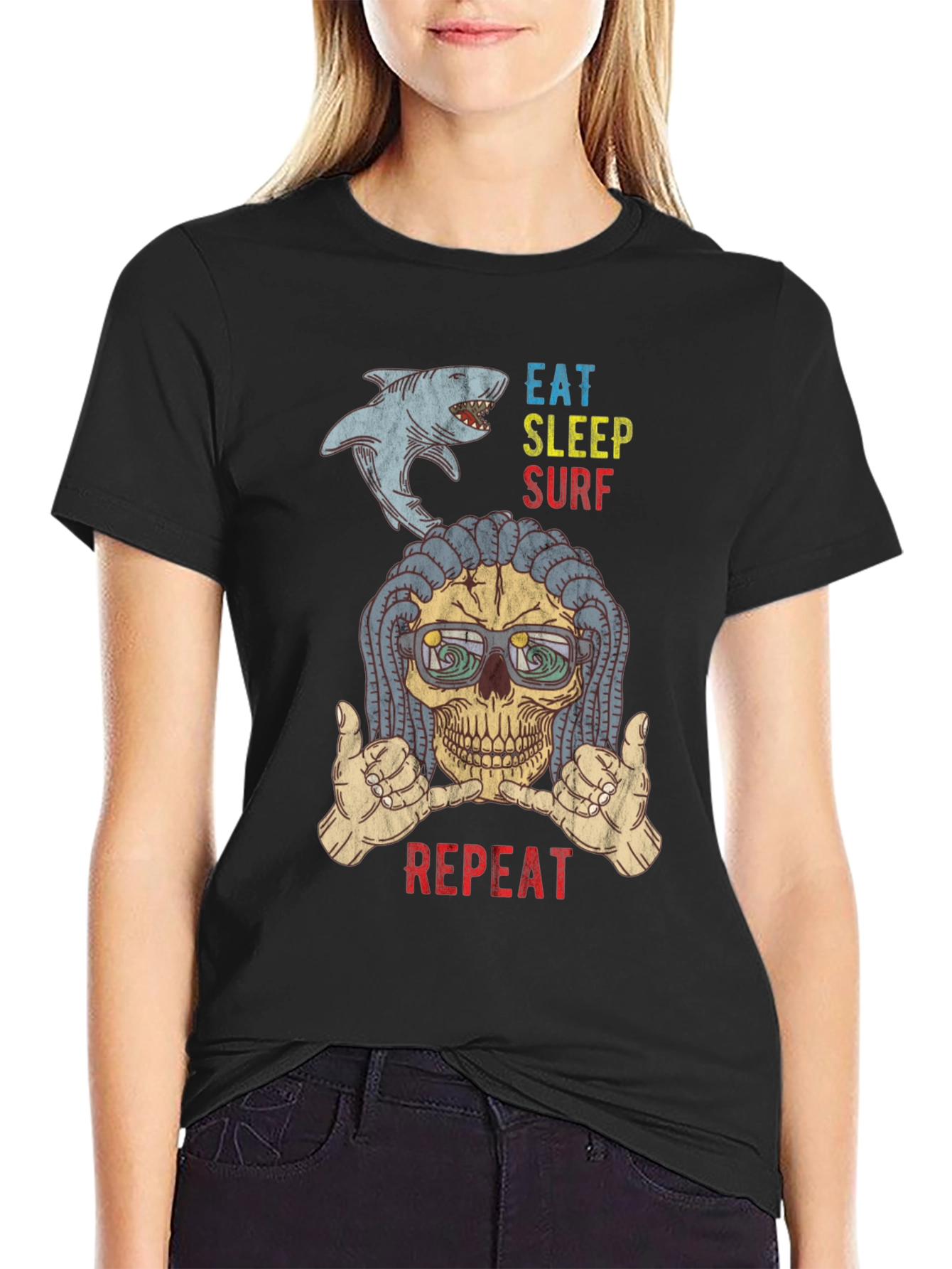 Eat Sleep Surf Repeat Skull Graphic T-Shirt