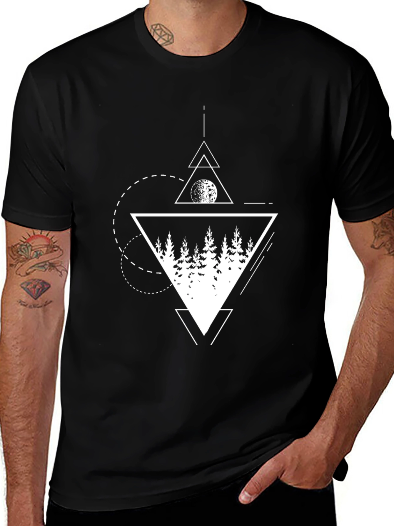 Geometric Forest Print Black T-Shirt