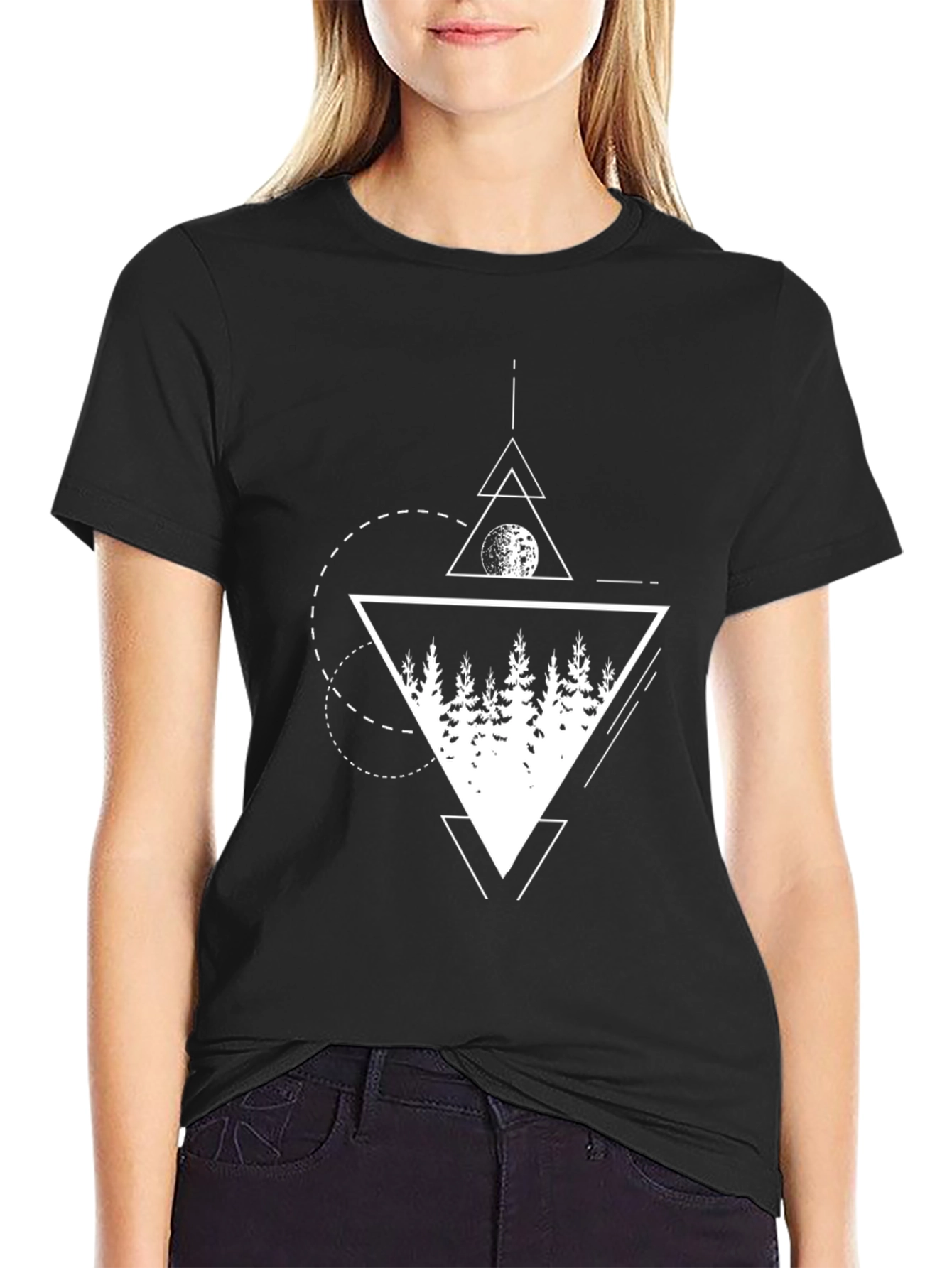 Geometric Forest Print Black T-Shirt