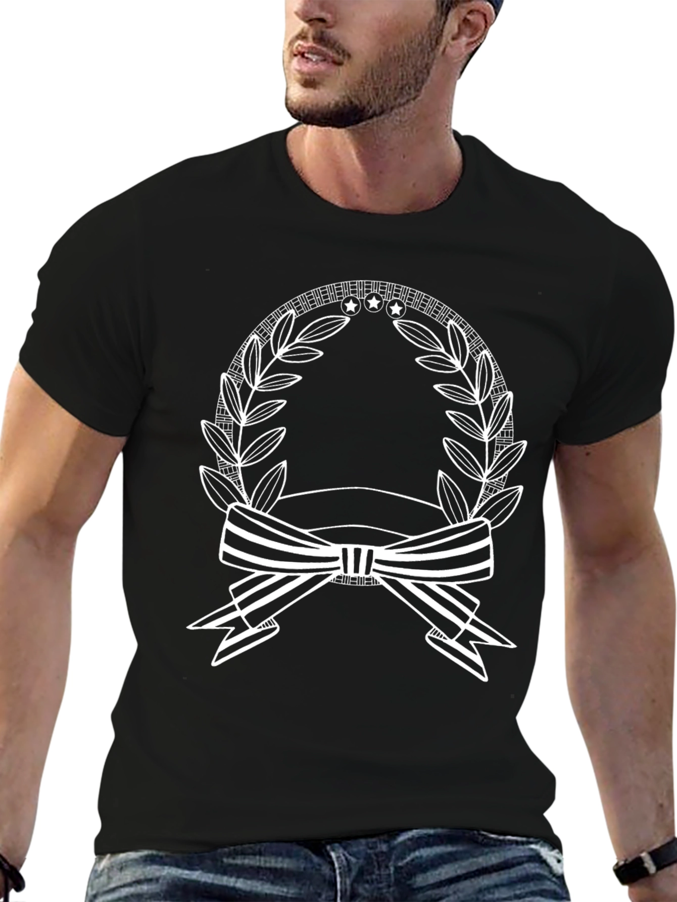 Stylish Black Tee with Wreath and Ribbon Graphic