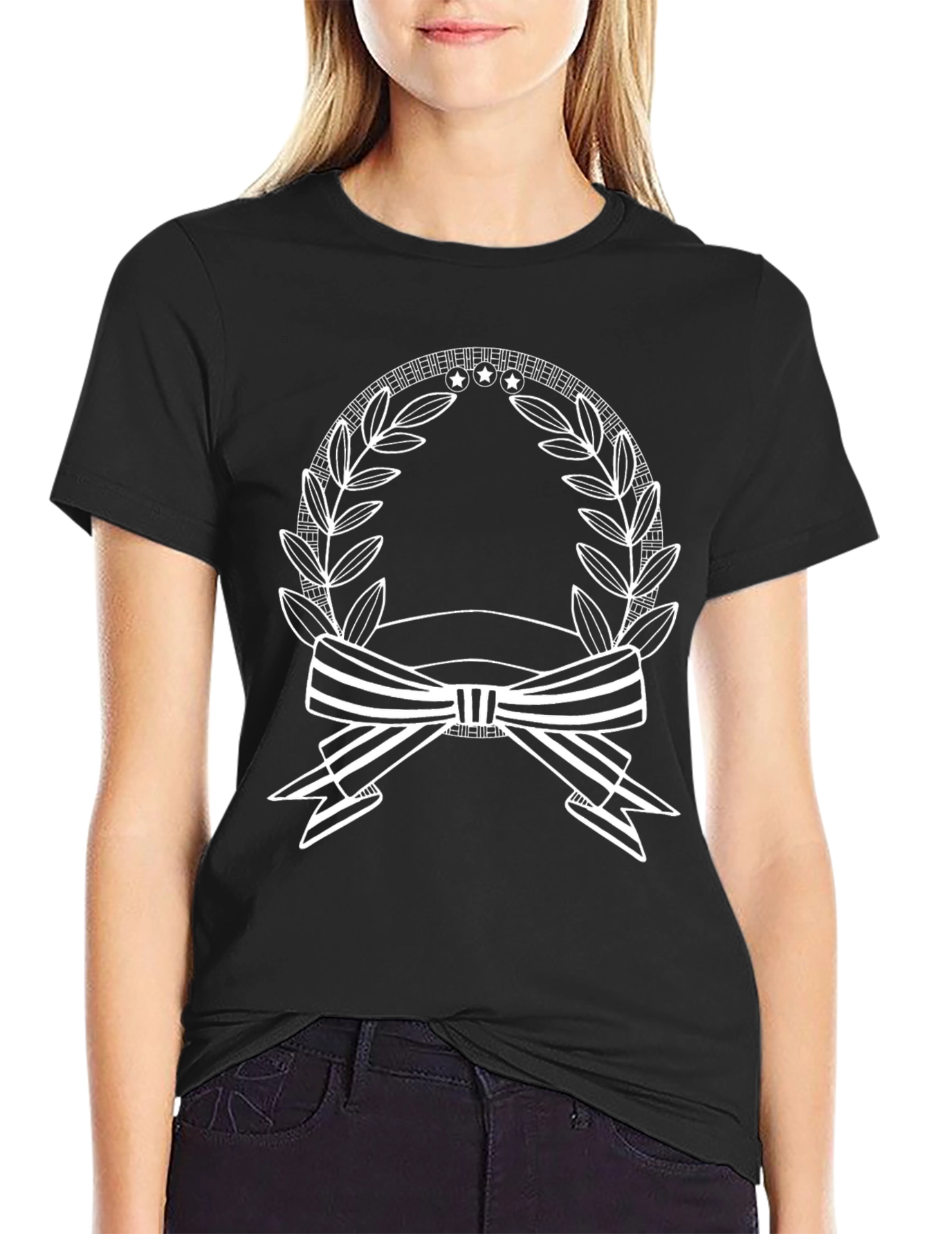 Stylish Black Tee with Wreath and Ribbon Graphic