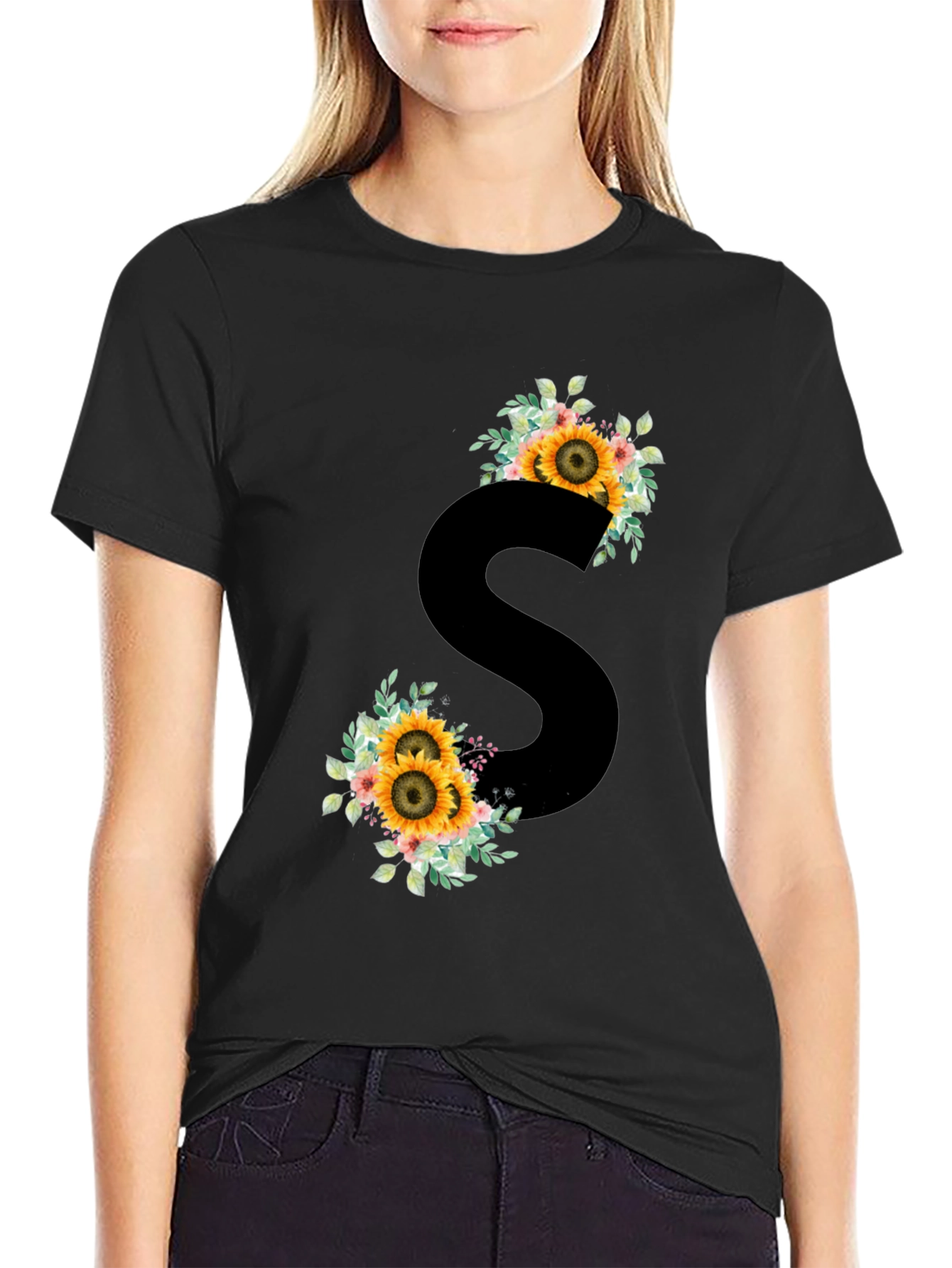 Floral Initial S Black T-Shirt