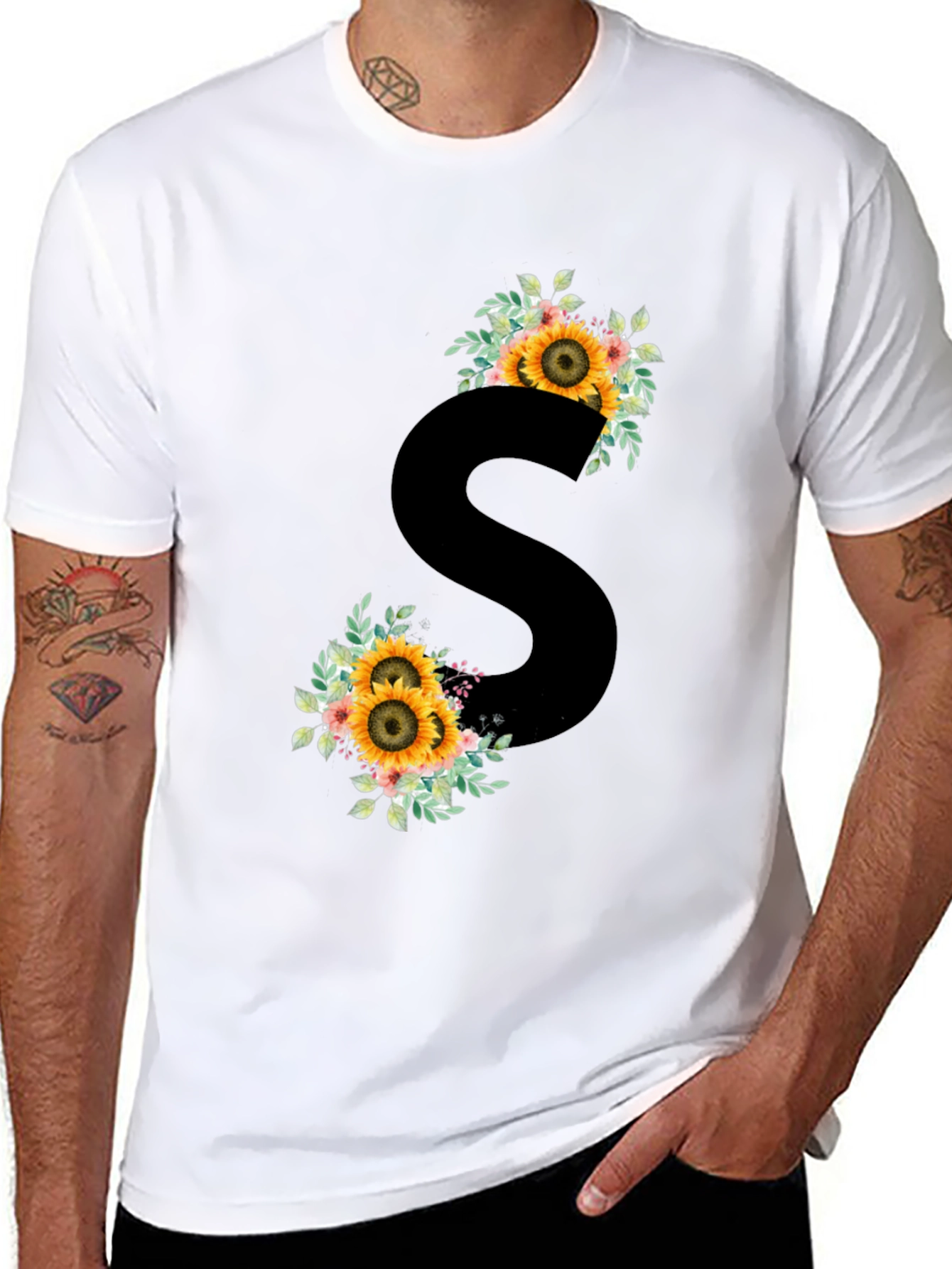 Floral Initial S Black T-Shirt